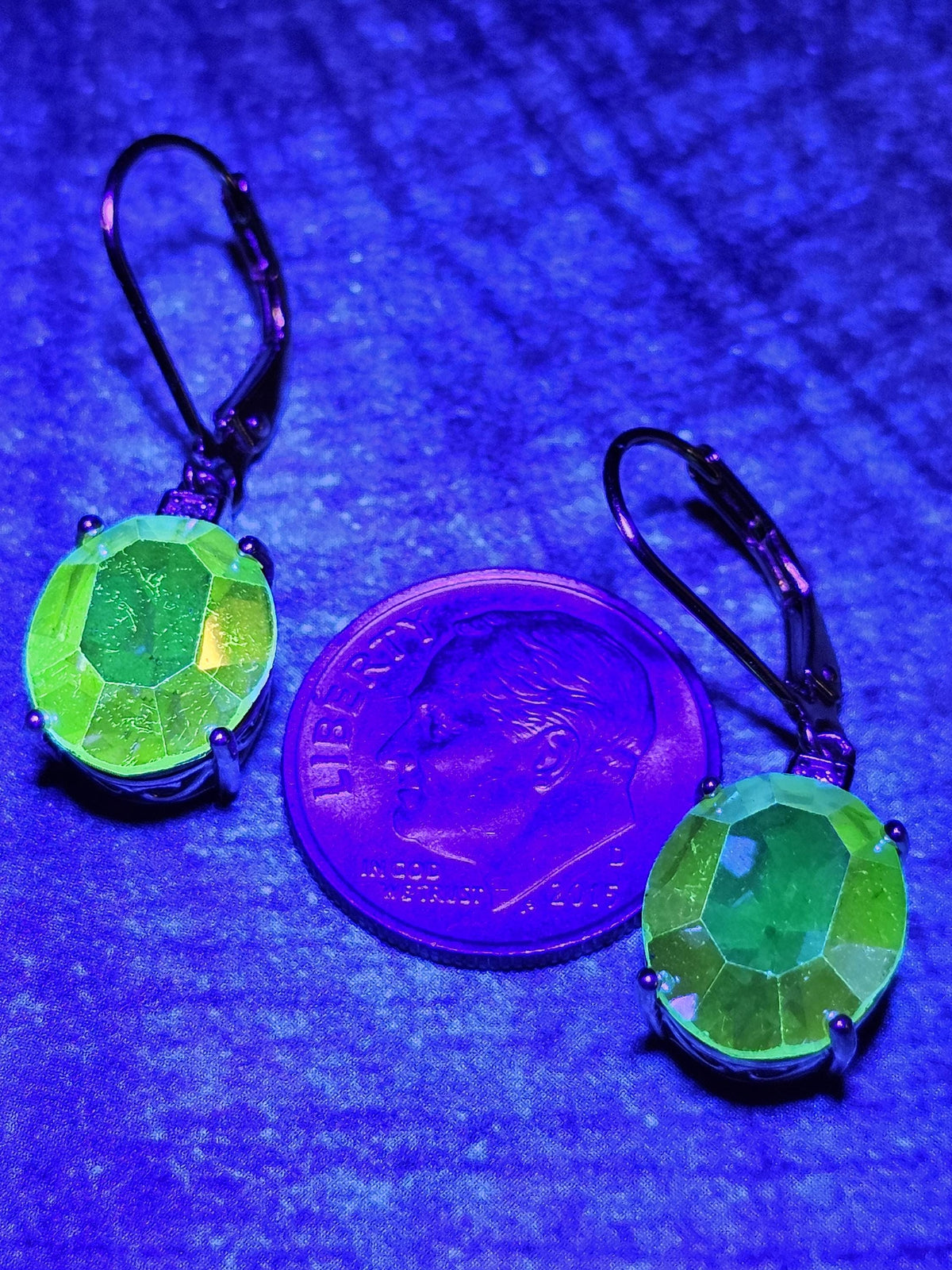Uranium Glass Leverback Earrings in Sterling Silver with Vintage Oval cut 12x10mm AB Uranium Glass stones, that glow under black/UV light