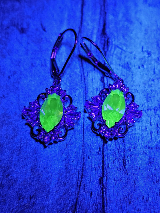 Uranium Glass Leverback Fleur De Lis Earrings Sterling Silver with Marquise cut 12x6 mm Uranium Glass stones, that glow under black/UV light