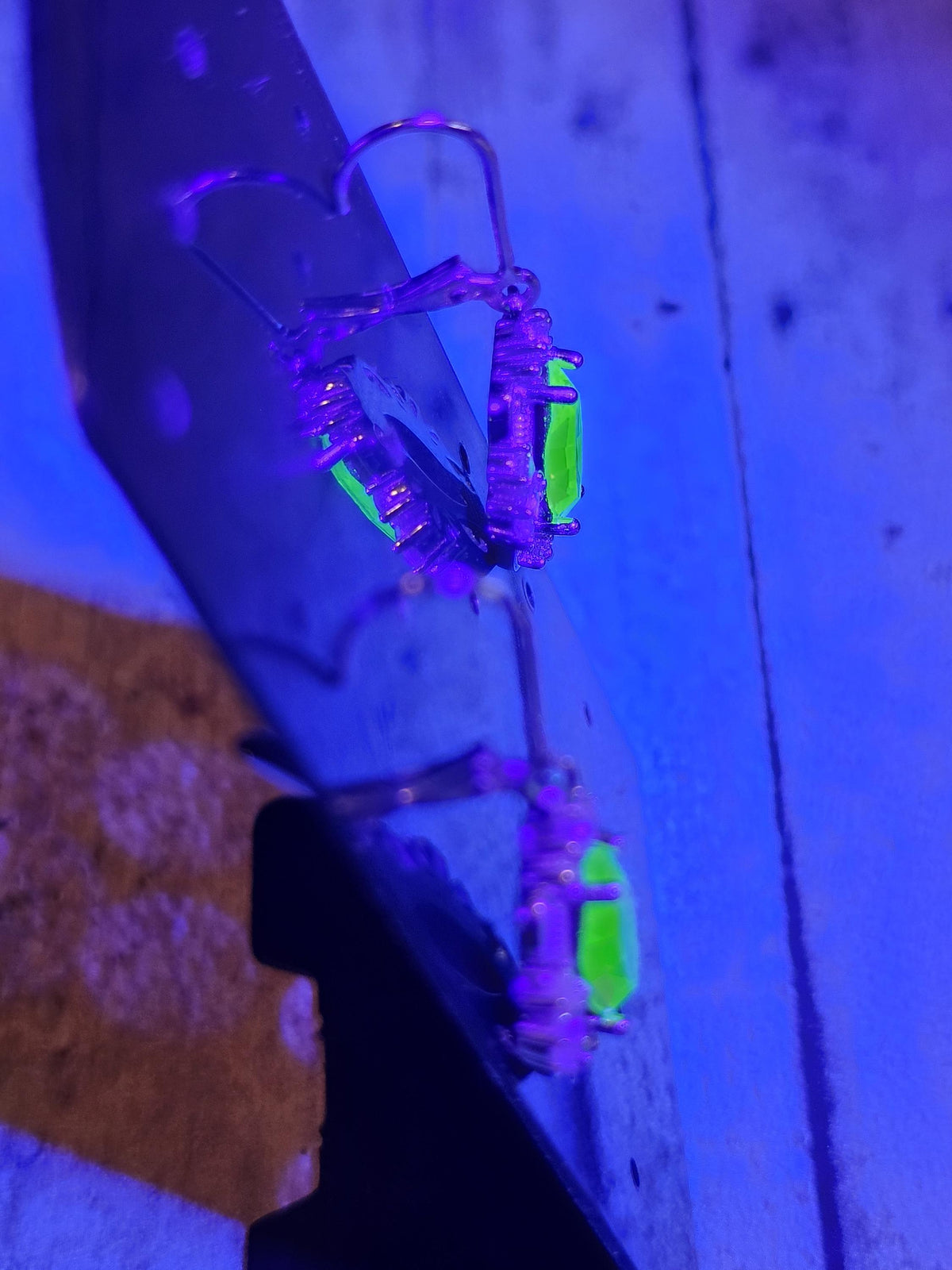 Uranium Glass Leverback Fleur De Lis Earrings Sterling Silver with Marquise cut 12x6 mm Uranium Glass stones, that glow under black/UV light