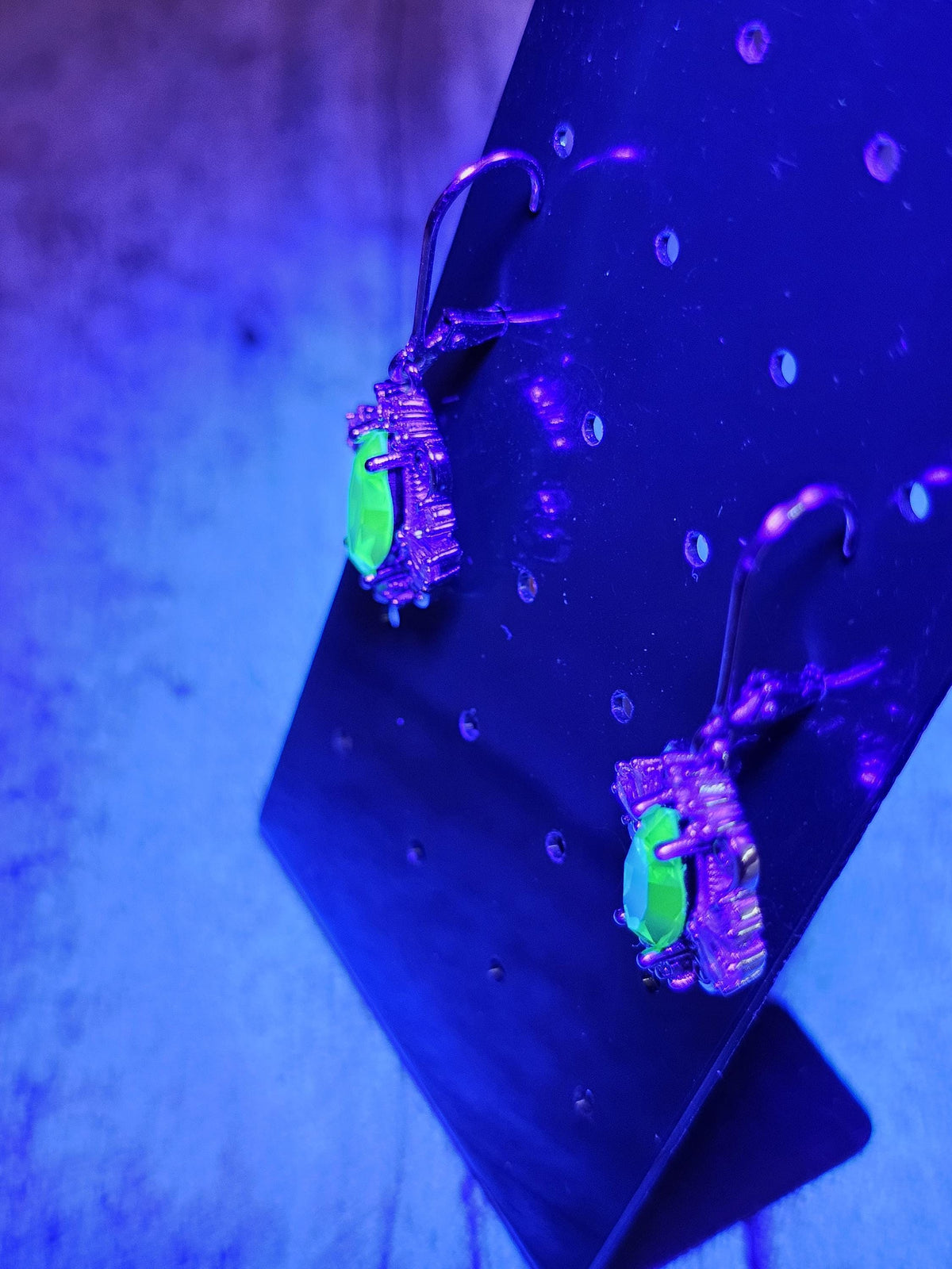 Uranium Glass Leverback Fleur De Lis Earrings Sterling Silver with Marquise cut 12x6 mm Uranium Glass stones, that glow under black/UV light