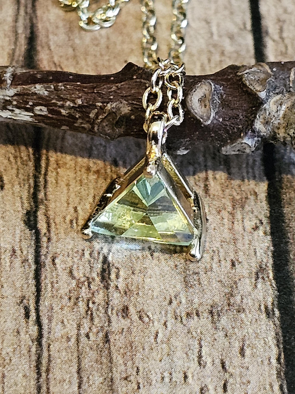 Uranium Glass Pendant READ DESCRIPTION in new Sterling Silver with a Trillion cut Uranium glass stone that glows under black / UV light