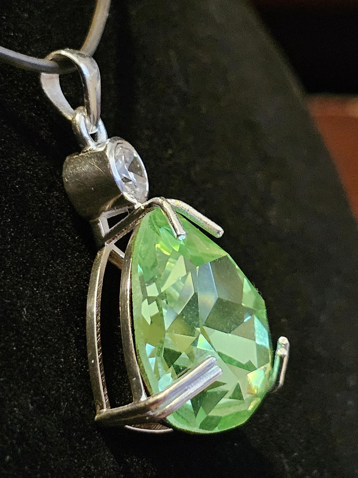 Uranium Glass Pendant in new Sterling Silver with a large 23 mm vintage Trillian cut Uranium Glass stone that glows under black / UV light