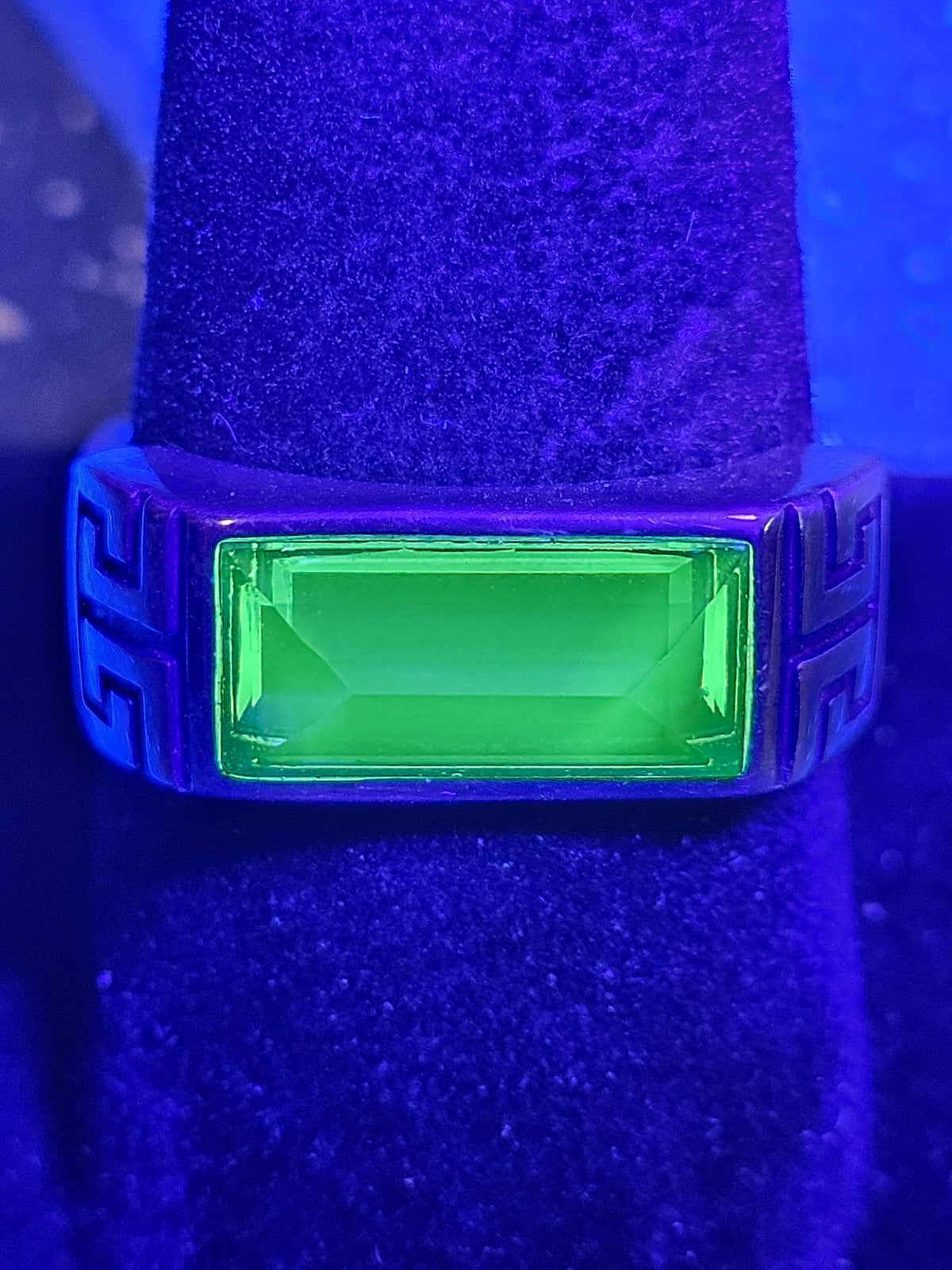 Uranium Glass Adjustable Ring new Sterling Silver Czechoslovakian 13x6 mm Uranium glass Emerald cut stone that glows under black / UV light