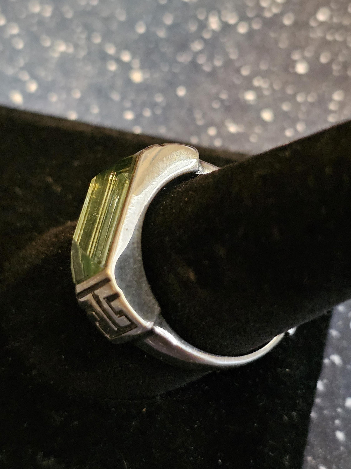 Uranium Glass Adjustable Ring new Sterling Silver Czechoslovakian 13x6 mm Uranium glass Emerald cut stone that glows under black / UV light