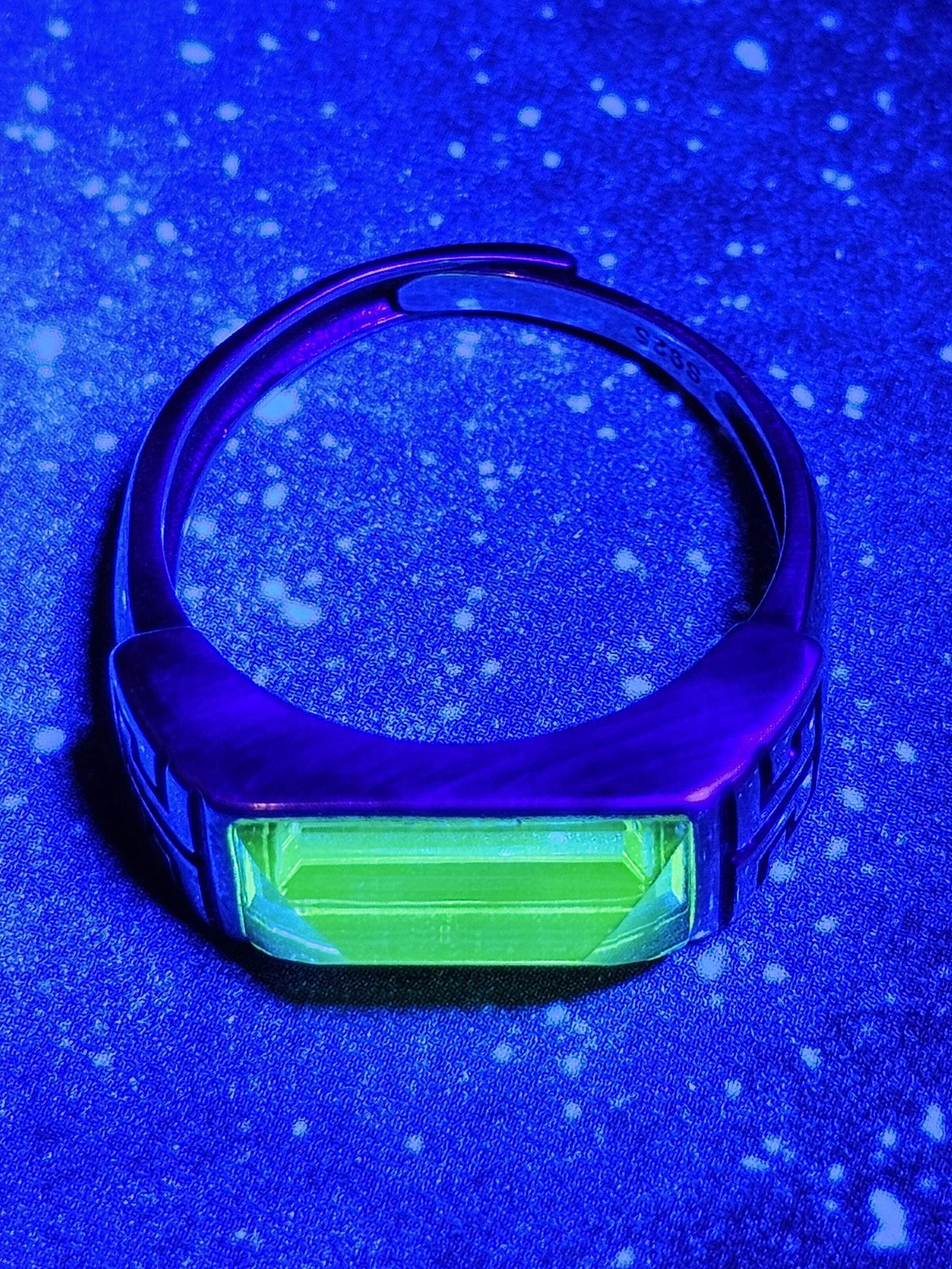 Uranium Glass Adjustable Ring new Sterling Silver Czechoslovakian 13x6 mm Uranium glass Emerald cut stone that glows under black / UV light