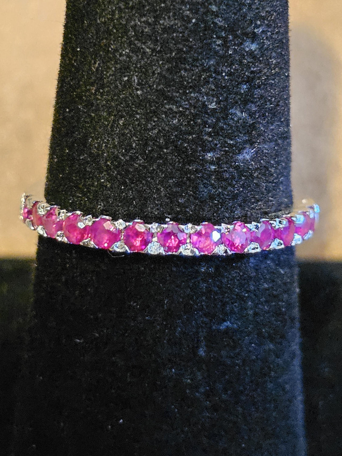 Natural Ruby Ring size 6, 7, 8, and 9 in New Sterling Silver Half Eternity style 1.7 mm Round cut stones that glow Pink under Black/UV light