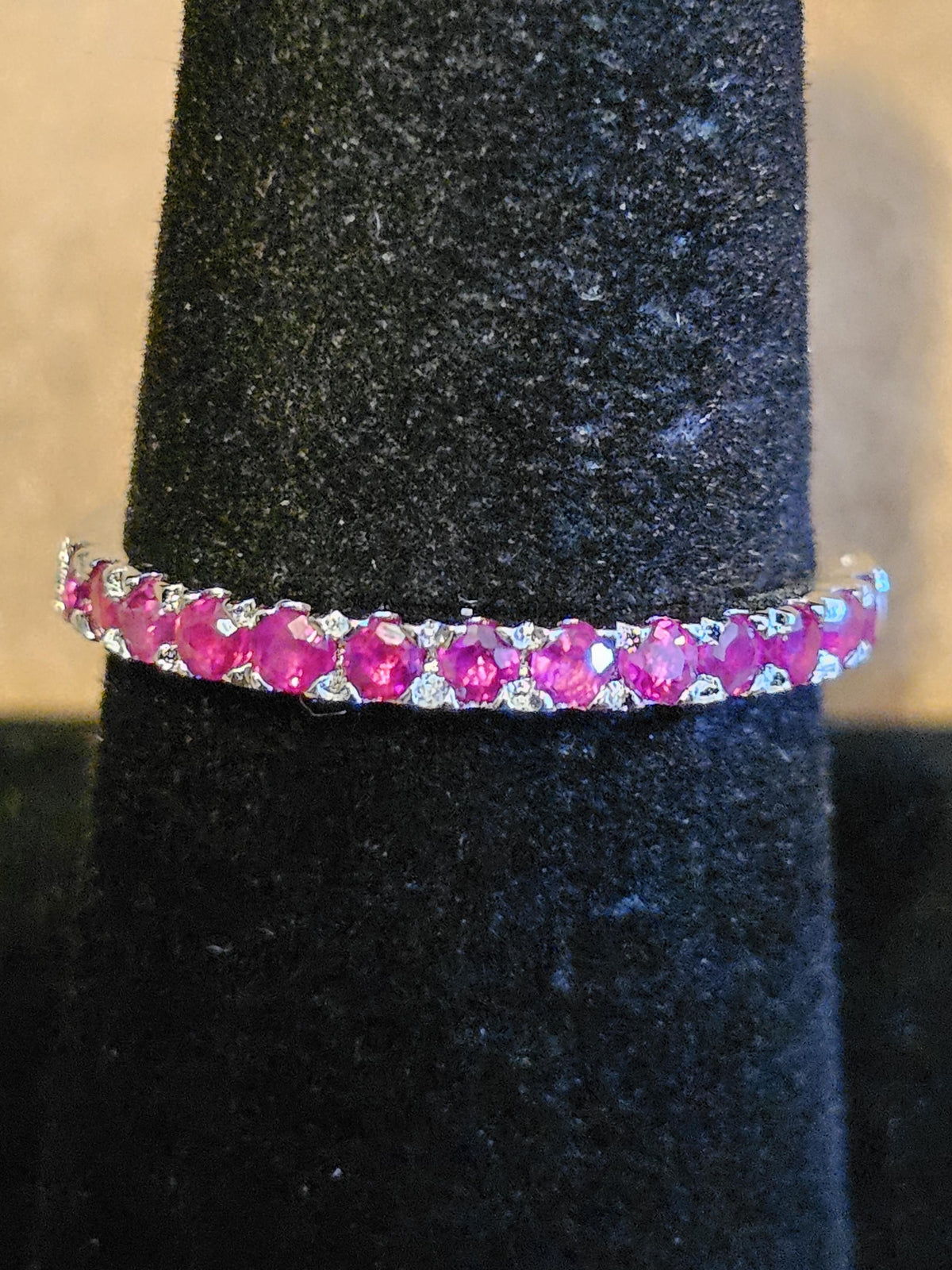 Natural Ruby Ring size 6, 7, 8, and 9 in New Sterling Silver Half Eternity style 2 mm Round cut stones that glow Pink under Black/UV light