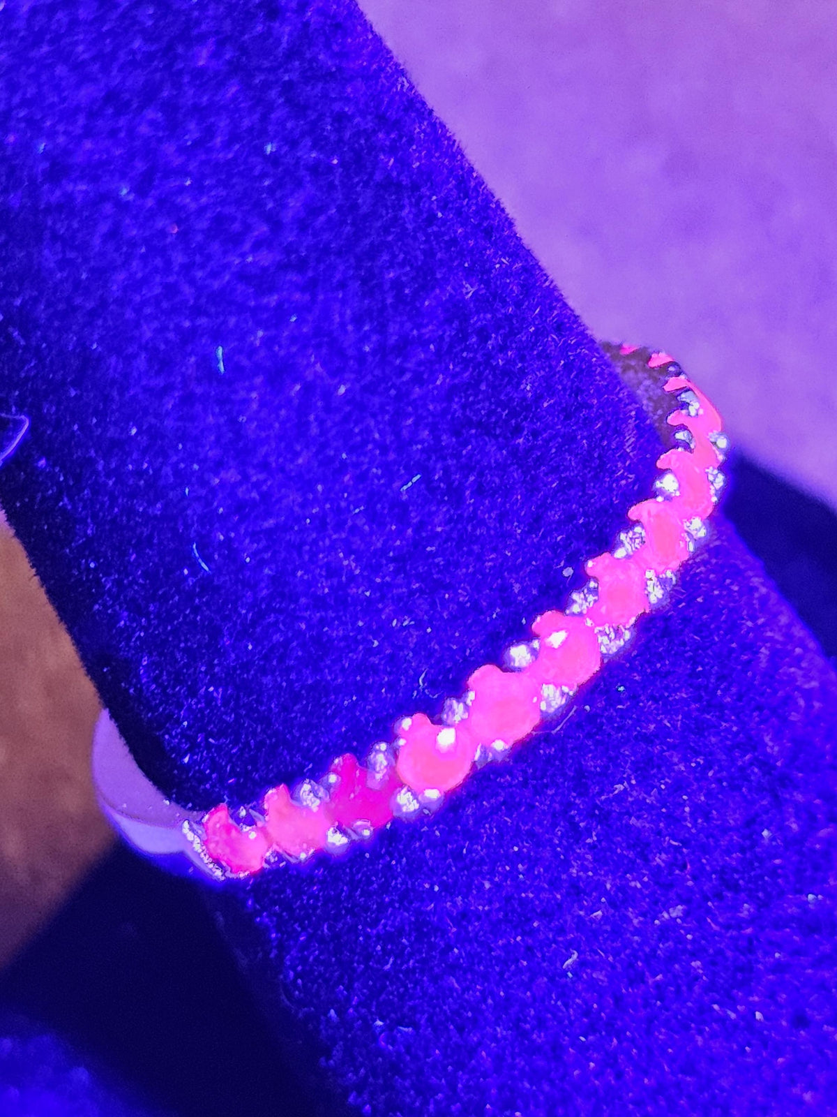 Natural Ruby Ring size 6, 7, 8, and 9 in New Sterling Silver Half Eternity style 1.7 mm Round cut stones that glow Pink under Black/UV light