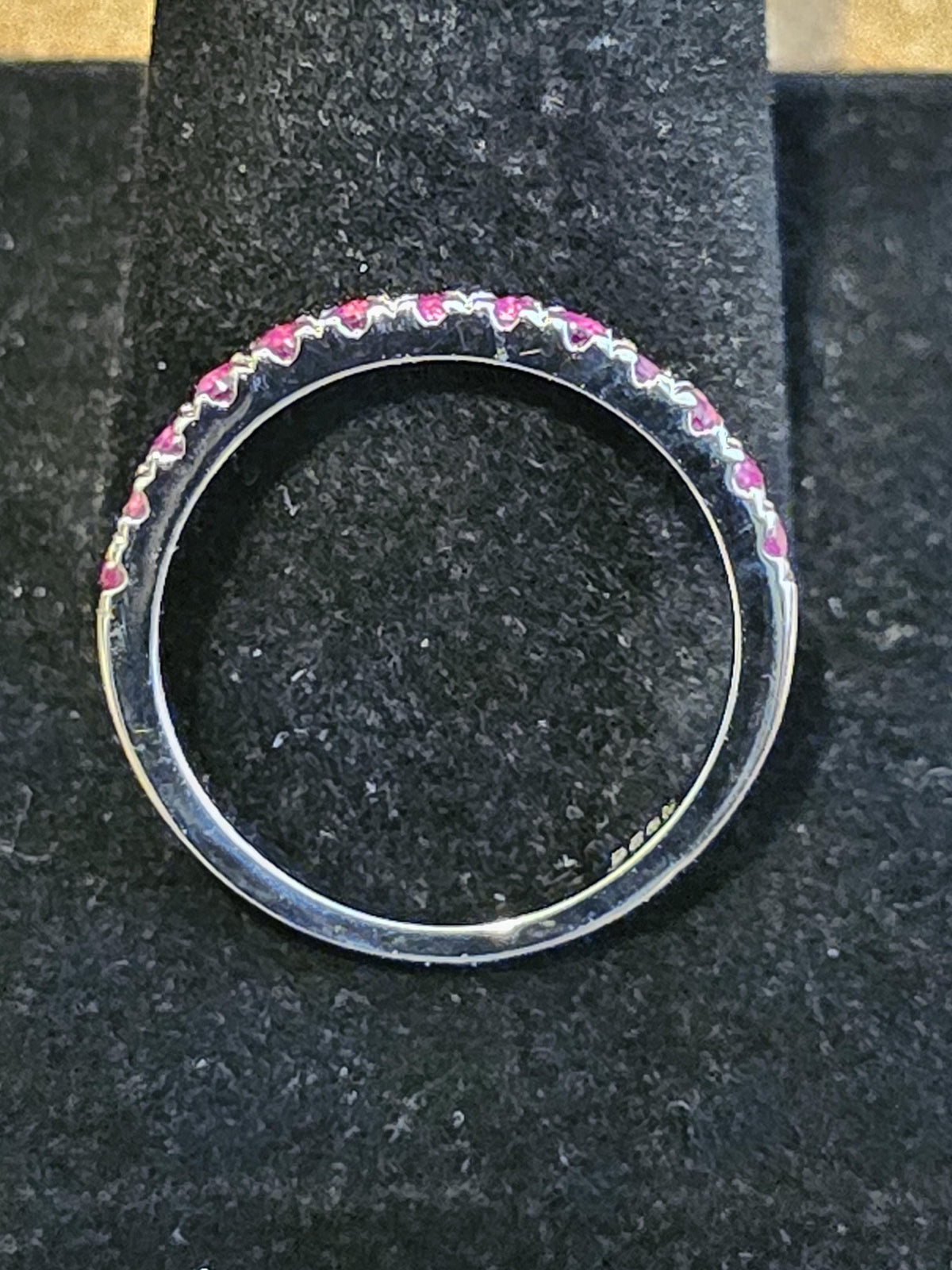 Natural Ruby Ring size 6, 7, 8, and 9 in New Sterling Silver Half Eternity style 1.7 mm Round cut stones that glow Pink under Black/UV light