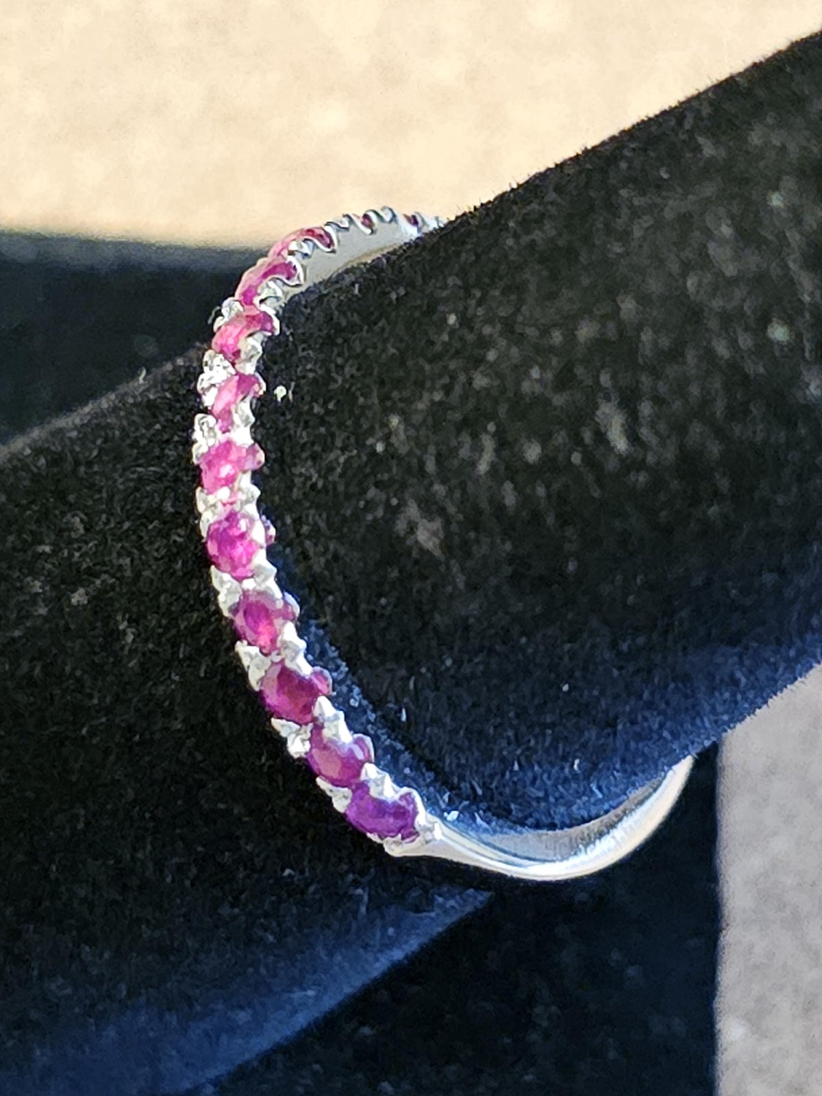 Natural Ruby Ring size 6, 7, 8, and 9 in New Sterling Silver Half Eternity style 2 mm Round cut stones that glow Pink under Black/UV light