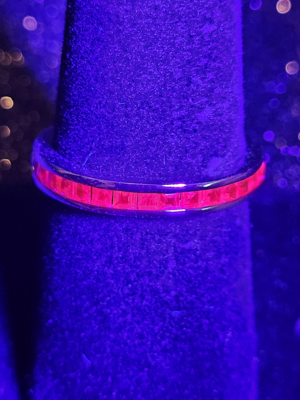 Natural Ruby Ring size 6, 7, 8, and 9 in New Sterling Silver Half Eternity style 2 mm Square cut stones that glow Pink under Black/UV light