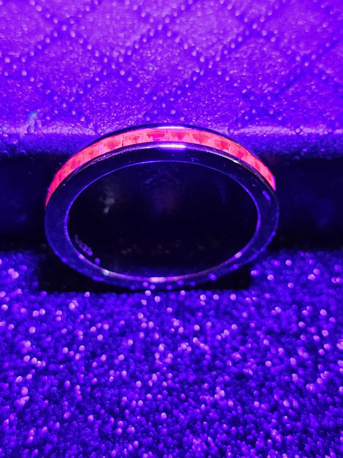 Natural Ruby Ring size 6, 7, 8, and 9 in New Sterling Silver Half Eternity style 2 mm Square cut stones that glow Pink under Black/UV light