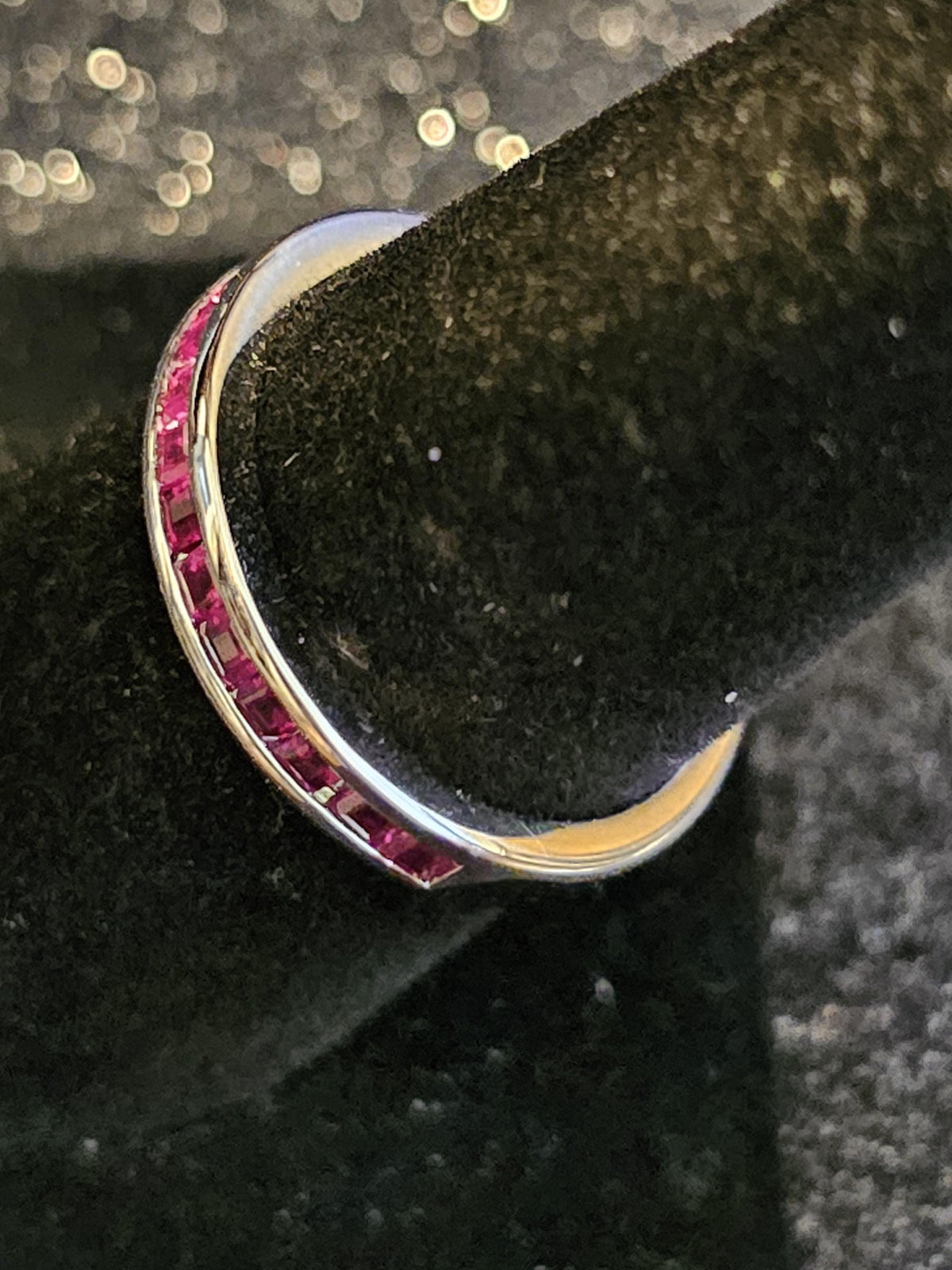 Natural Ruby Ring size 6, 7, 8, and 9 in New Sterling Silver Half Eternity style 2 mm Square cut stones that glow Pink under Black/UV light