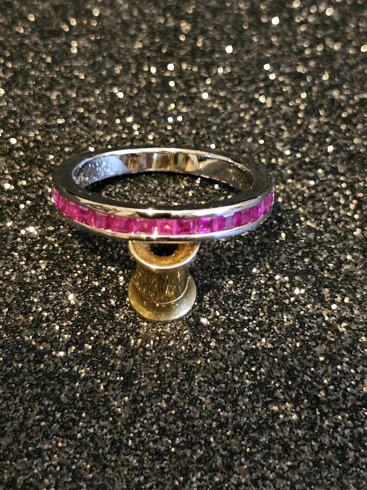 Natural Ruby Ring size 6, 7, 8, and 9 in New Sterling Silver Half Eternity style 2 mm Square cut stones that glow Pink under Black/UV light