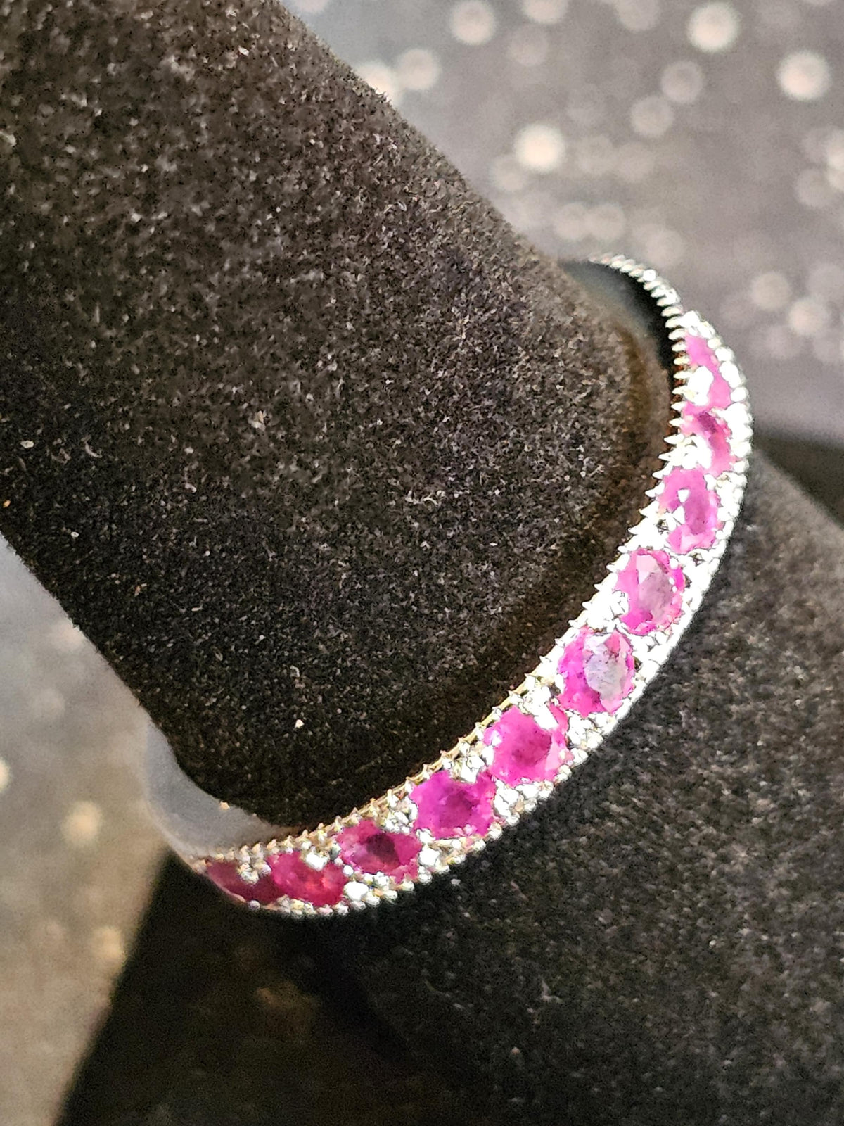 Natural Ruby Ring size 6, 7, 8, and 9 in New Sterling Silver Half Eternity style 2.5 mm Round cut stones that glow Pink under Black/UV light