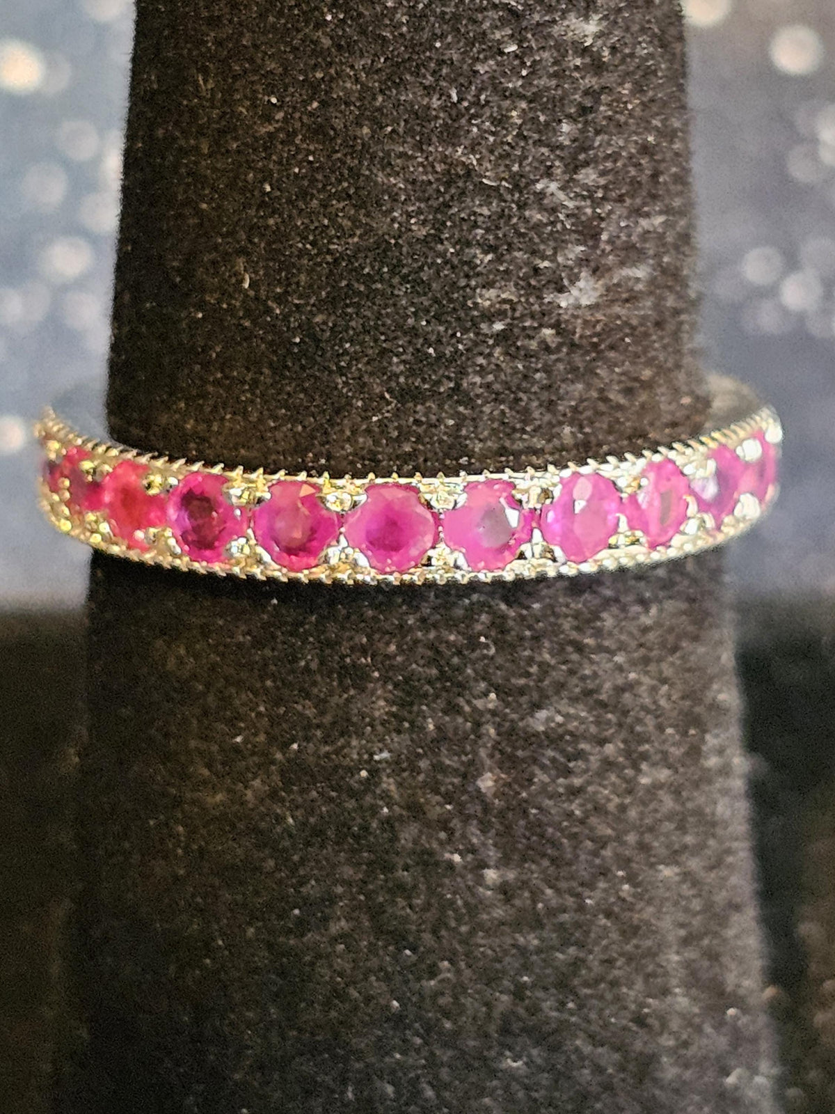 Natural Ruby Ring size 6, 7, 8, and 9 in New Sterling Silver Half Eternity style 2.5 mm Round cut stones that glow Pink under Black/UV light