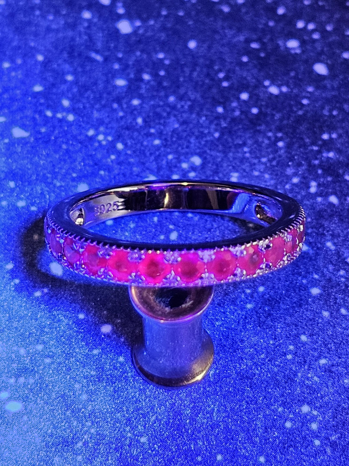 Natural Ruby Ring size 6, 7, 8, and 9 in New Sterling Silver Half Eternity style 2.5 mm Round cut stones that glow Pink under Black/UV light