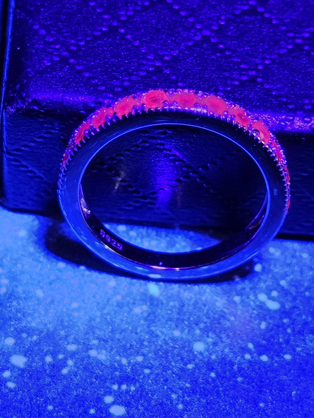 Natural Ruby Ring size 6, 7, 8, and 9 in New Sterling Silver Half Eternity style 2.5 mm Round cut stones that glow Pink under Black/UV light