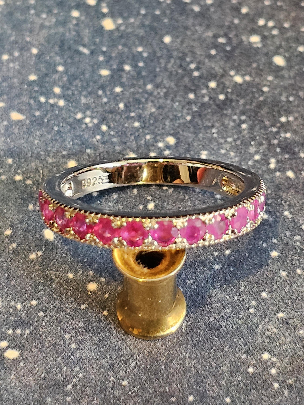 Natural Ruby Ring size 6, 7, 8, and 9 in New Sterling Silver Half Eternity style 2.5 mm Round cut stones that glow Pink under Black/UV light