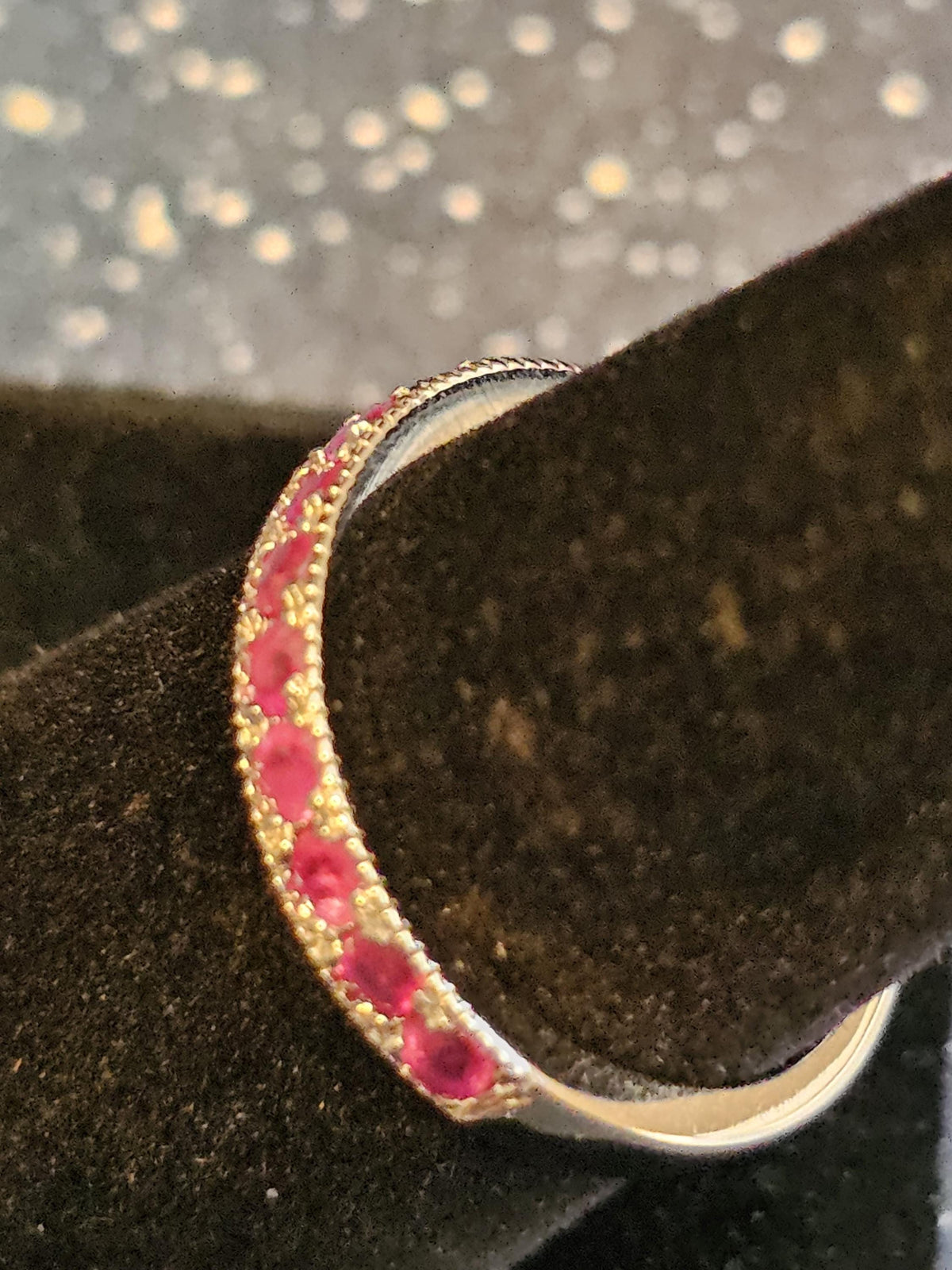 Natural Ruby Ring size 6, 7, 8, and 9 in New Sterling Silver Half Eternity style 2.5 mm Round cut stones that glow Pink under Black/UV light