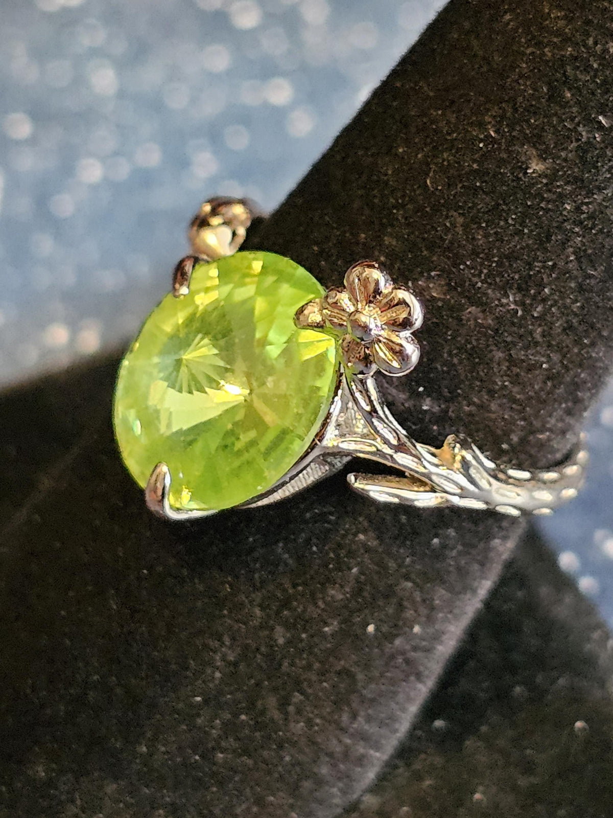 Uranium Glass Adjustable Ring new Sterling Silver Leaf/Branch design with vintage 12mm Uranium glass round stone glows under black/UV light