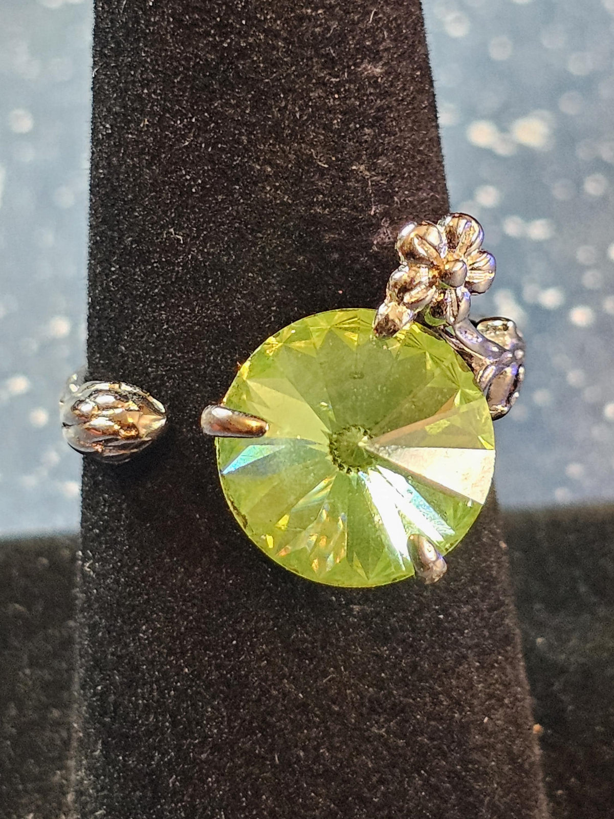 Uranium Glass Adjustable Ring new Sterling Silver Leaf/Branch design with vintage 12mm Uranium glass round stone glows under black/UV light