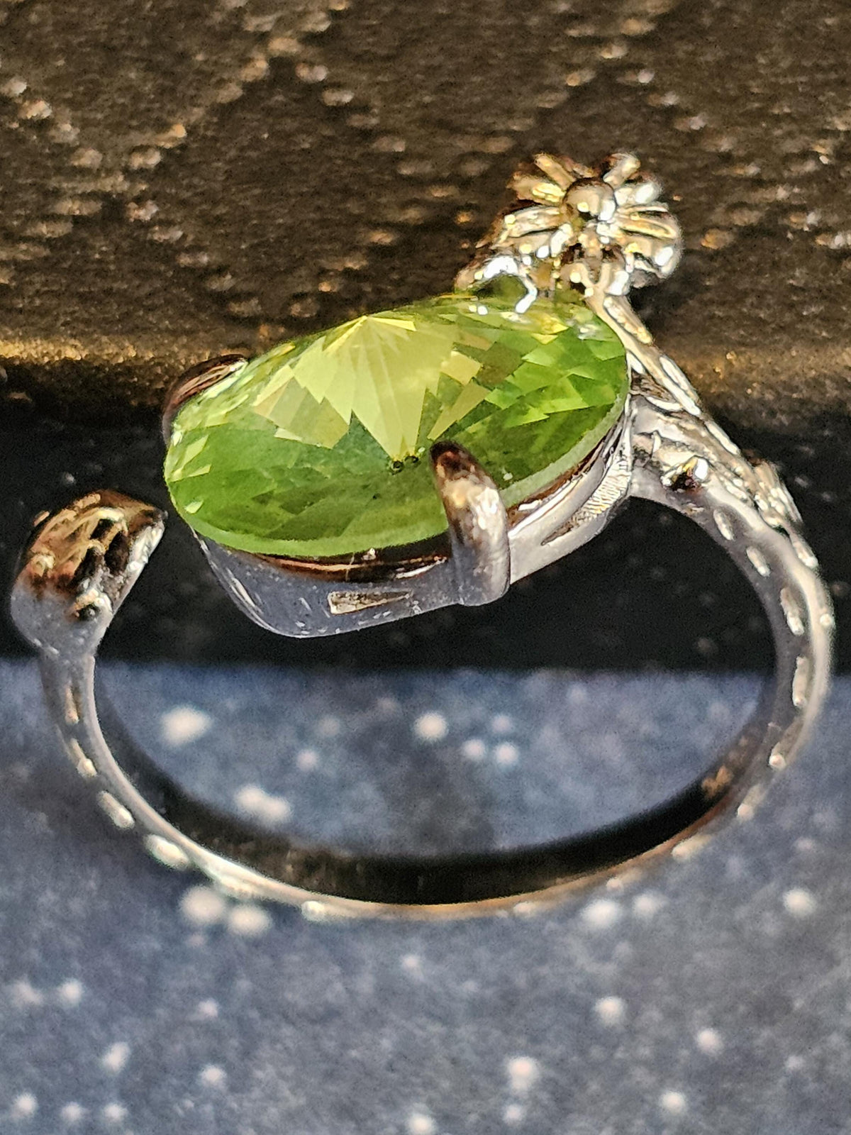 Uranium Glass Adjustable Ring new Sterling Silver Leaf/Branch design with vintage 12mm Uranium glass round stone glows under black/UV light
