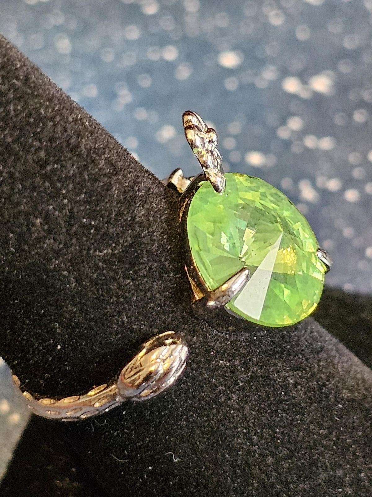 Uranium Glass Adjustable Ring new Sterling Silver Leaf/Branch design with vintage 12mm Uranium glass round stone glows under black/UV light