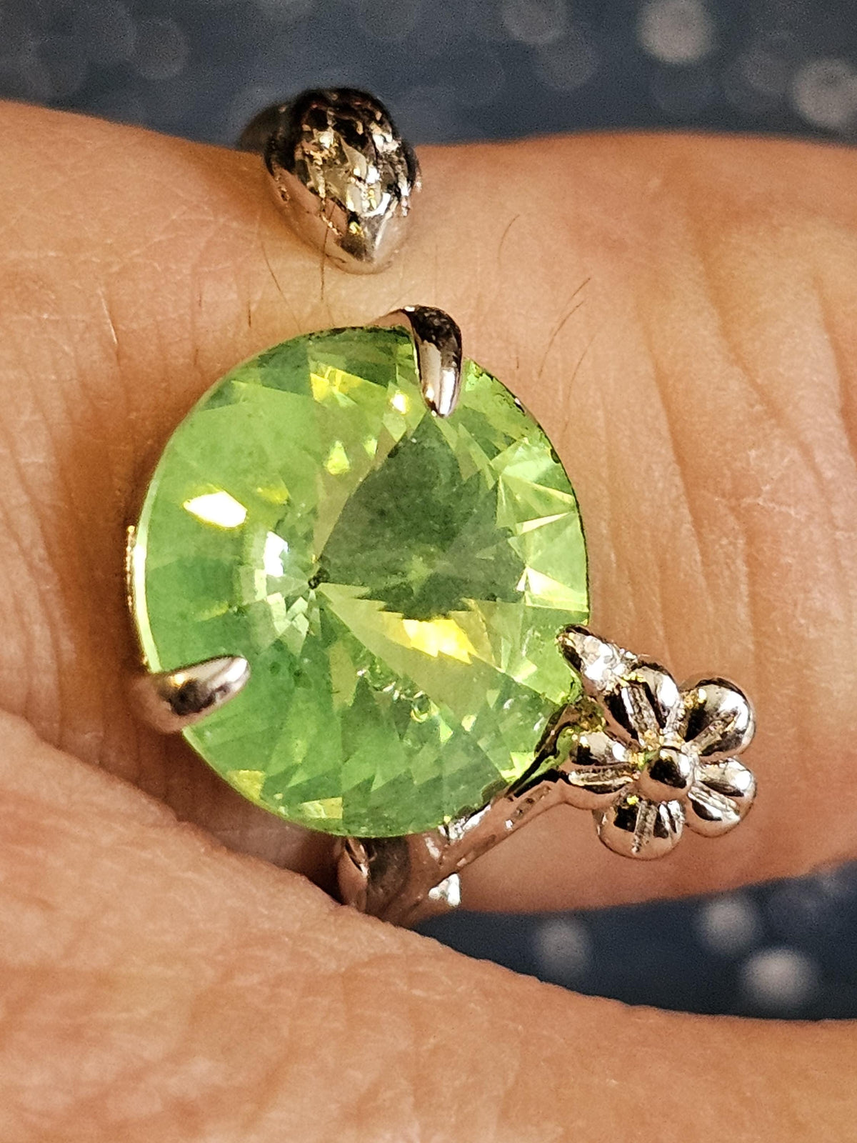 Uranium Glass Adjustable Ring new Sterling Silver Leaf/Branch design with vintage 12mm Uranium glass round stone glows under black/UV light