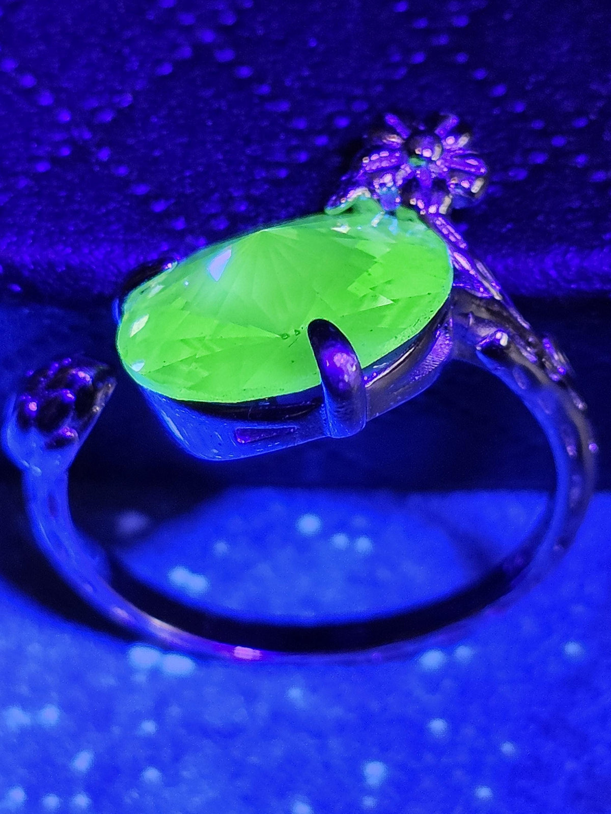 Uranium Glass Adjustable Ring new Sterling Silver Leaf/Branch design with vintage 12mm Uranium glass round stone glows under black/UV light