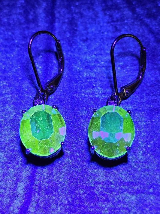 Uranium Glass Leverback Earrings in Sterling Silver with Vintage Oval cut 12x10mm AB Uranium Glass stones, that glow under black/UV light