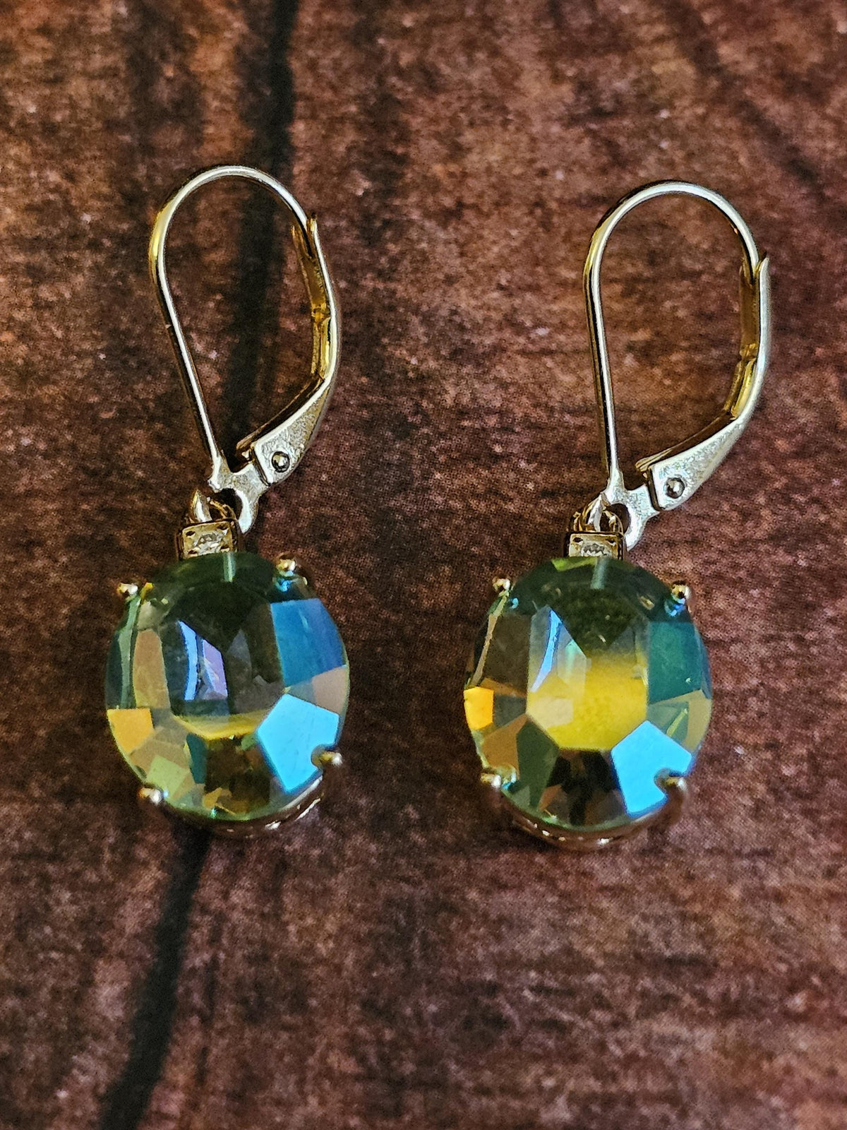 Uranium Glass Leverback Earrings in Sterling Silver with Vintage Oval cut 12x10mm AB Uranium Glass stones, that glow under black/UV light