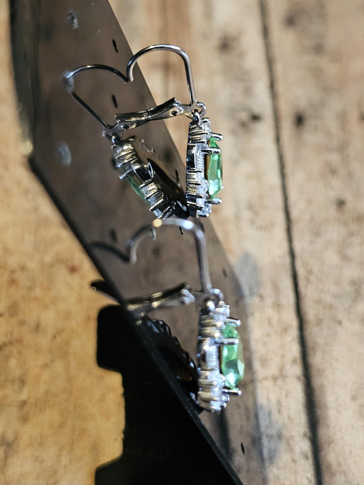Uranium Glass Leverback Fleur De Lis Earrings Sterling Silver with Marquise cut 12x6 mm Uranium Glass stones, that glow under black/UV light