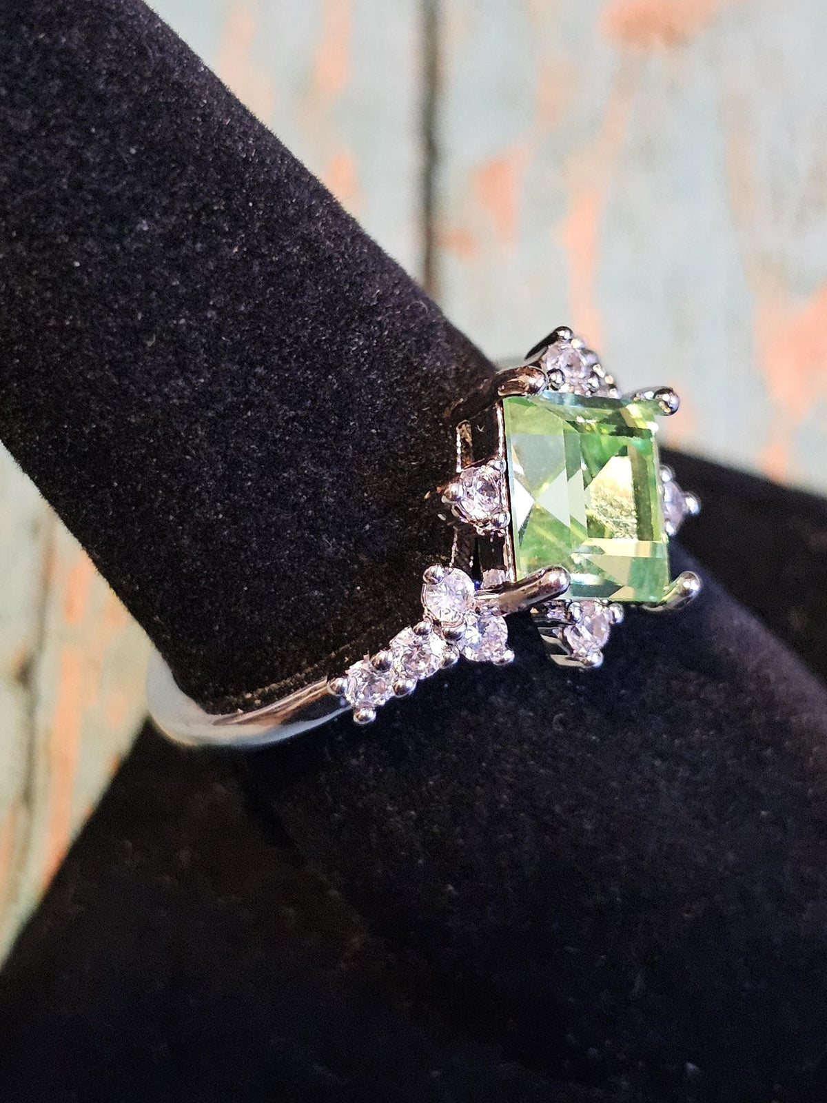 Uranium Glass Princess cut Ring with a 8 mm vintage Uranium glass stone that glows under black/UV light. Sterling Silver size 9.