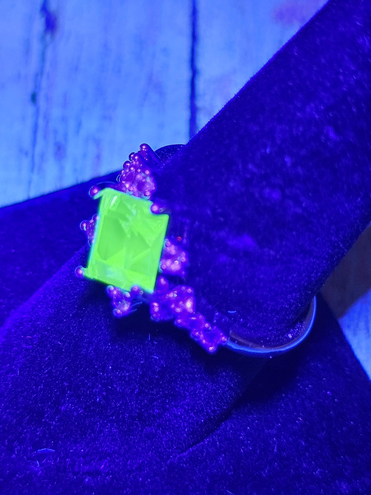 Uranium Glass Princess cut Ring with a 8 mm vintage Uranium glass stone that glows under black/UV light. Sterling Silver size 9.
