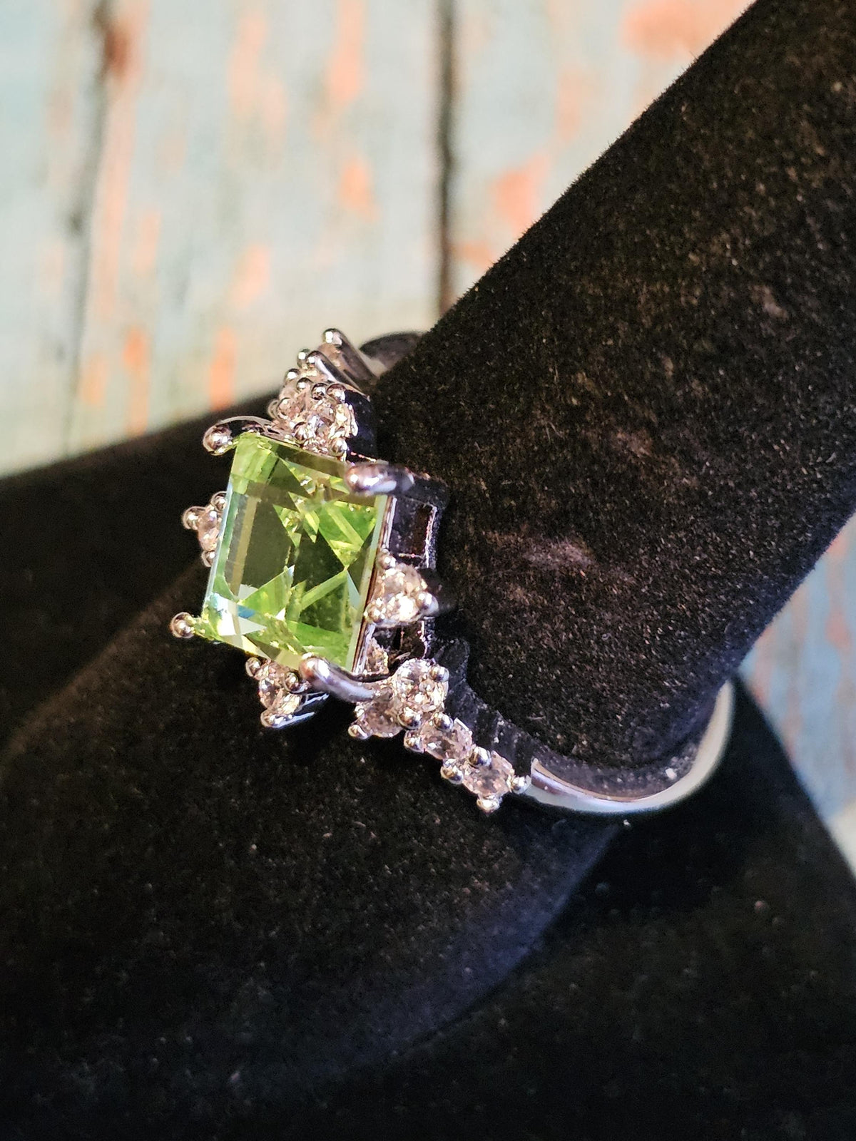 Uranium Glass Princess cut Ring with a 8 mm vintage Uranium glass stone that glows under black/UV light. Sterling Silver size 9.