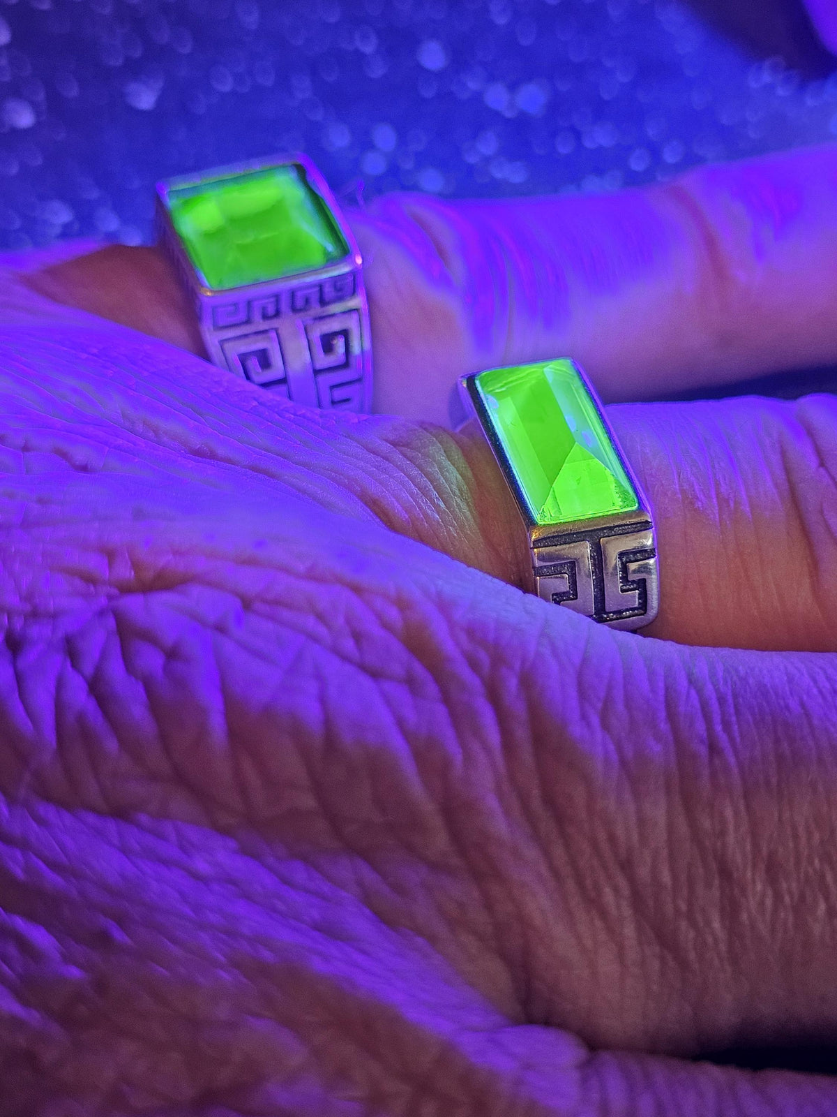 Uranium Glass Adjustable Ring new Sterling Silver Czechoslovakian 13x6 mm Uranium glass Emerald cut stone that glows under black / UV light