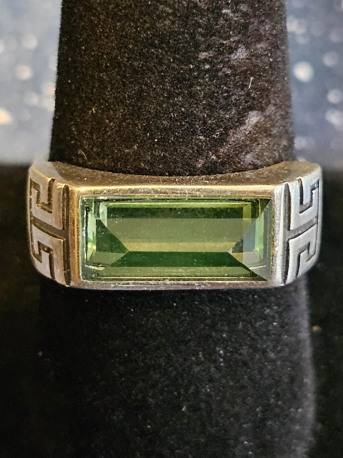 Uranium Glass Adjustable Ring new Sterling Silver Czechoslovakian 13x6 mm Uranium glass Emerald cut stone that glows under black / UV light
