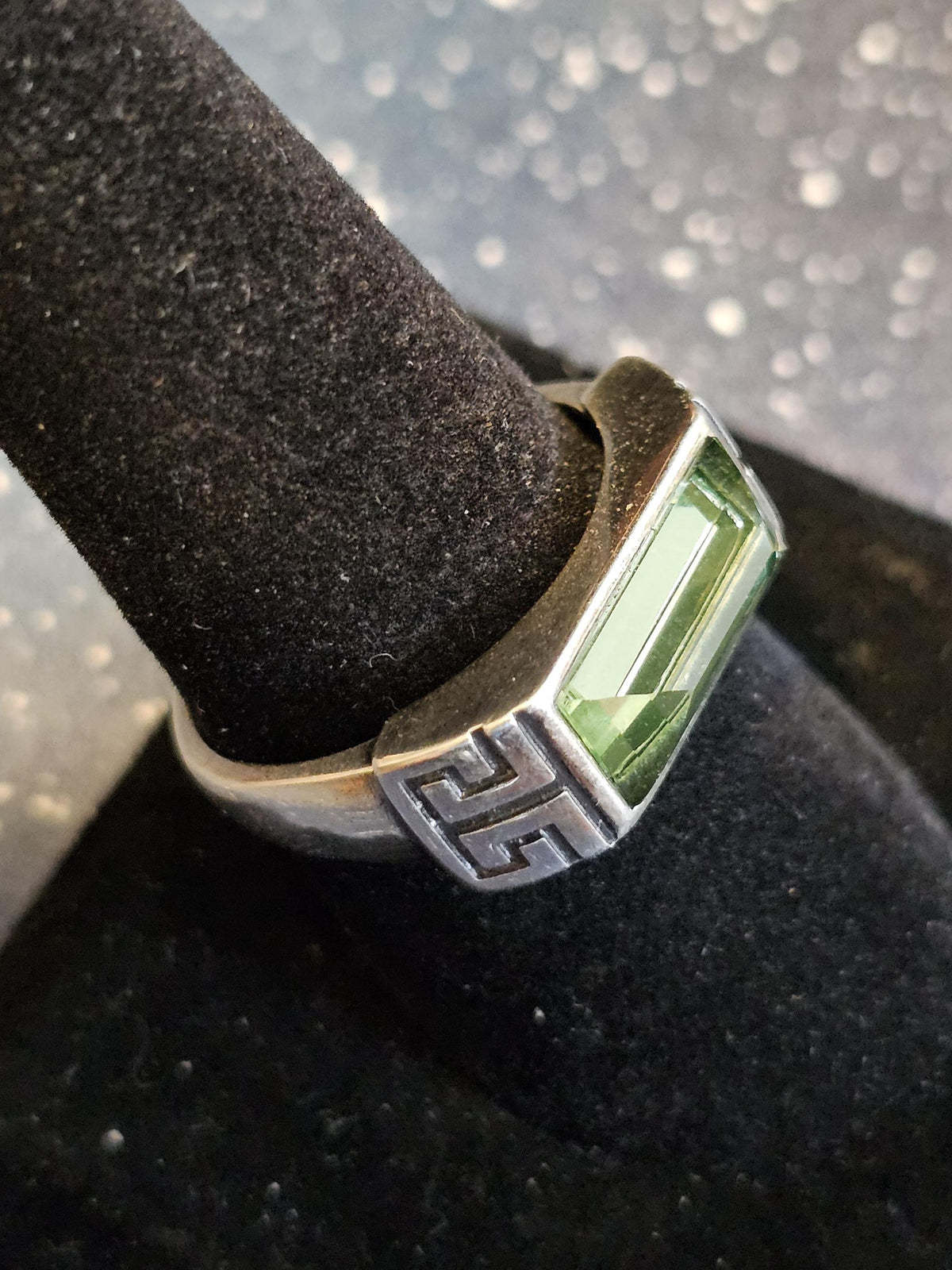 Uranium Glass Adjustable Ring new Sterling Silver Czechoslovakian 13x6 mm Uranium glass Emerald cut stone that glows under black / UV light