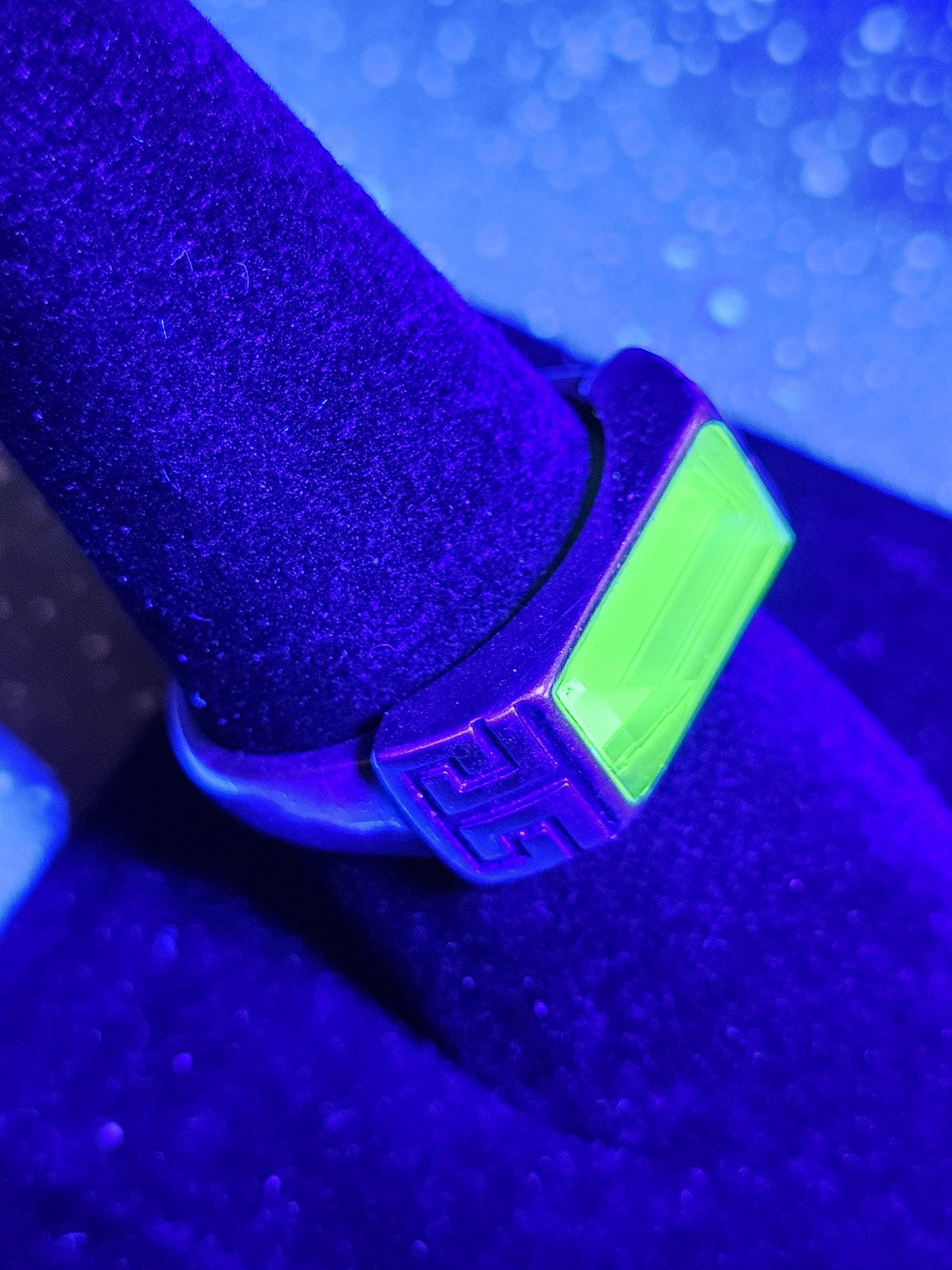 Uranium Glass Adjustable Ring new Sterling Silver Czechoslovakian 13x6 mm Uranium glass Emerald cut stone that glows under black / UV light