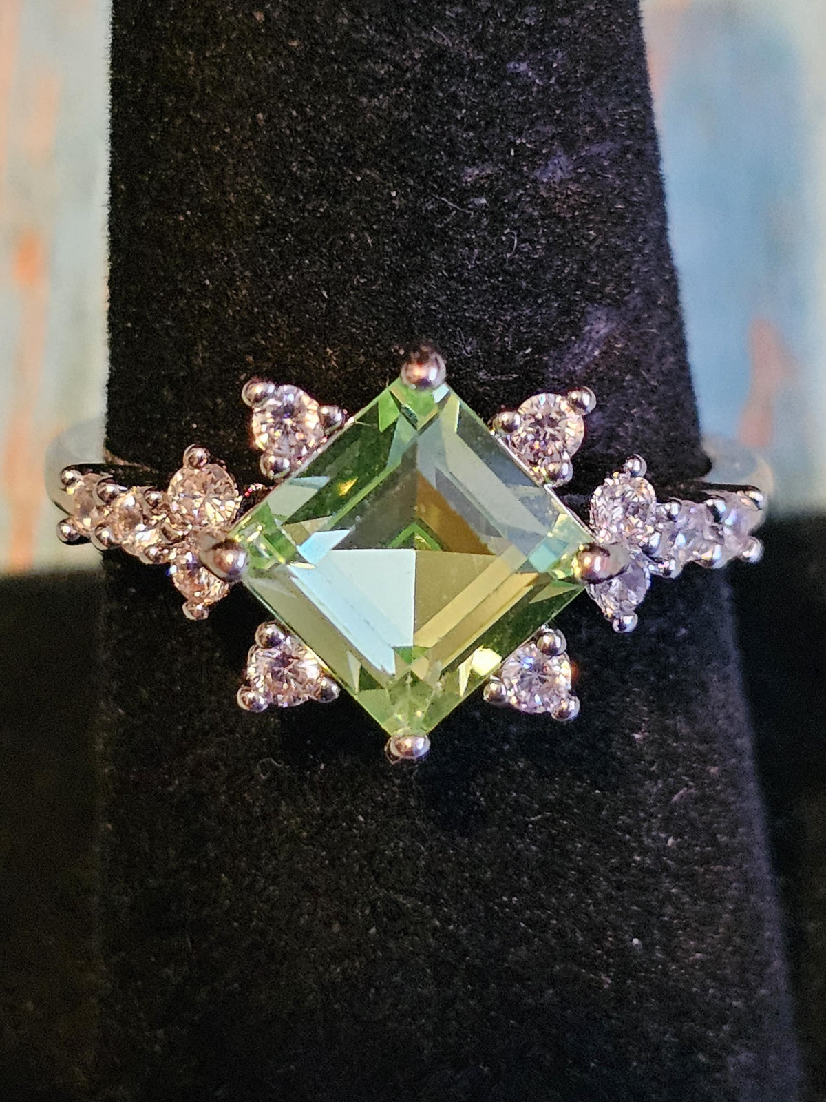Uranium Glass Princess cut Ring with a 8 mm vintage Uranium glass stone that glows under black/UV light. Sterling Silver size 9.