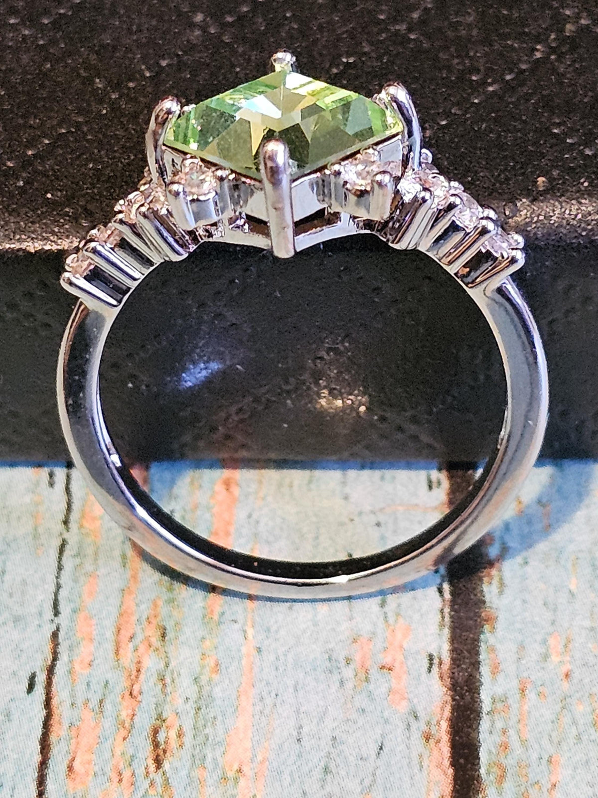 Uranium Glass Princess cut Ring with a 8 mm vintage Uranium glass stone that glows under black/UV light. Sterling Silver size 9.
