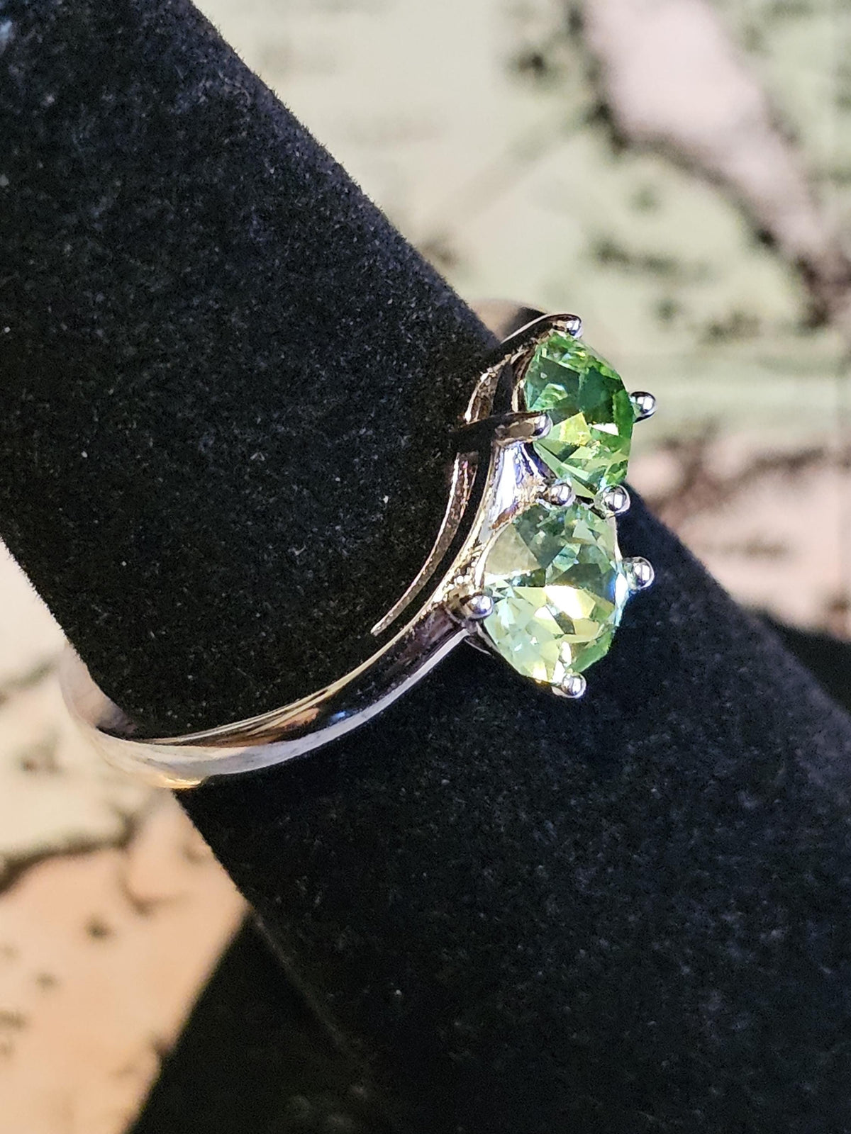 Uranium Glass Round cut Ring Toi et Moi style size 5 in Sterling Silver with 2 vintage 5mm Uranium glass stones that glows under black light