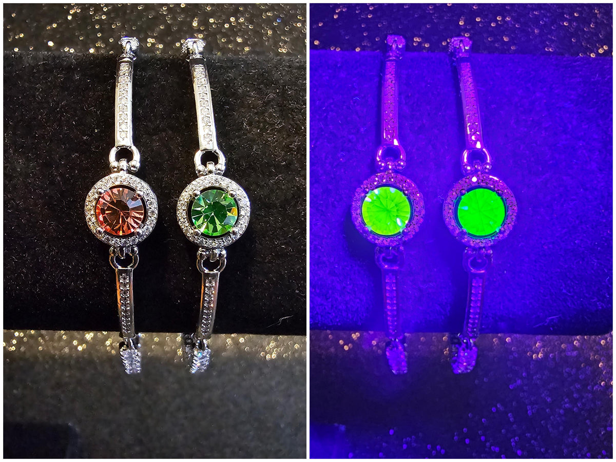 Uranium Glass Bracelet new Sterling Silver setting holding a vintage 6 mm Uranium glass Round cut stone that glows under black / UV light