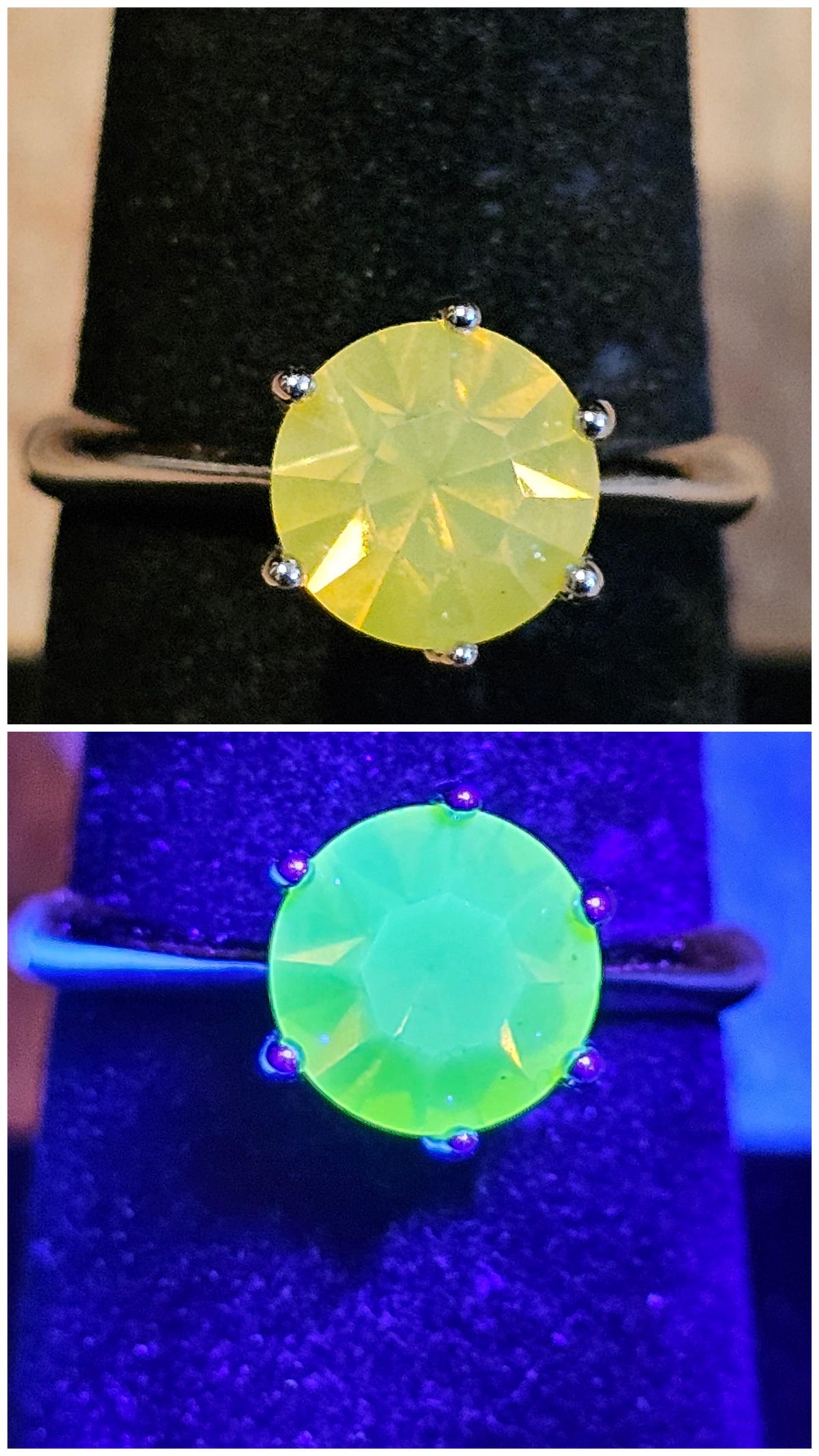 Uranium Glass Round cut Solitaire Ring size 8 in new Sterling Silver with a Yellow 8mm Uranium glass stone that glows under black/UV light
