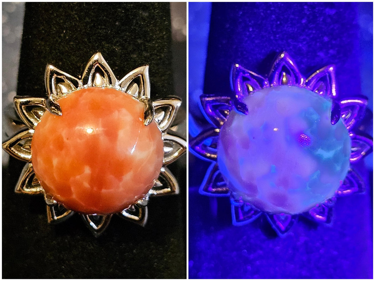 Uranium glass Glass Round cut Ring in size 7 new Sterling Silver with a vintage 13mm Uranium glass stone that glows under black / UV light