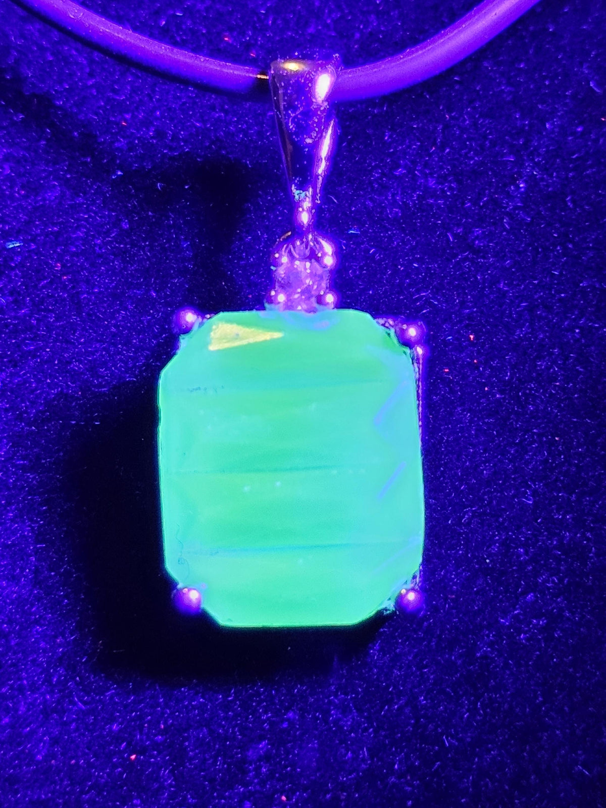 Uranium Glass Pendant new Sterling Silver setting with a 12x10 mm vintage Emerald cut, Uranium Glass stone that glows under black / UV light