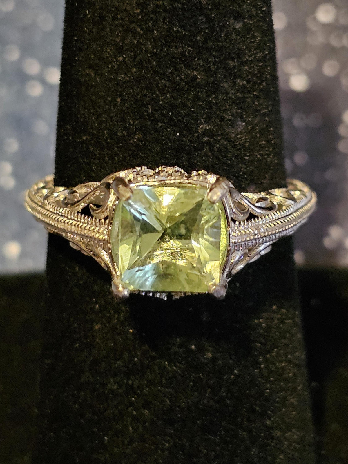 Uranium Glass Princess cut Ring size 7 in new Sterling Silver with clear refurbished Uranium glass stone that glows under black / UV light