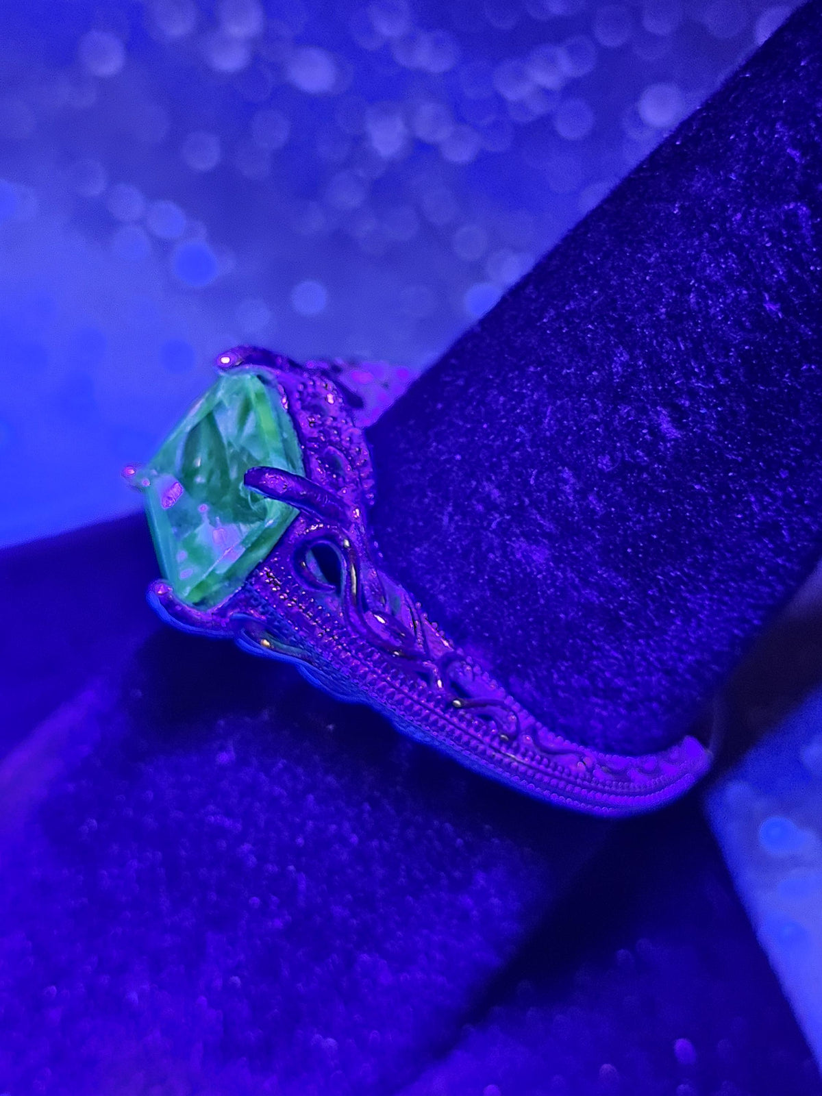 Uranium Glass Princess cut Ring size 7 in new Sterling Silver with clear refurbished Uranium glass stone that glows under black / UV light
