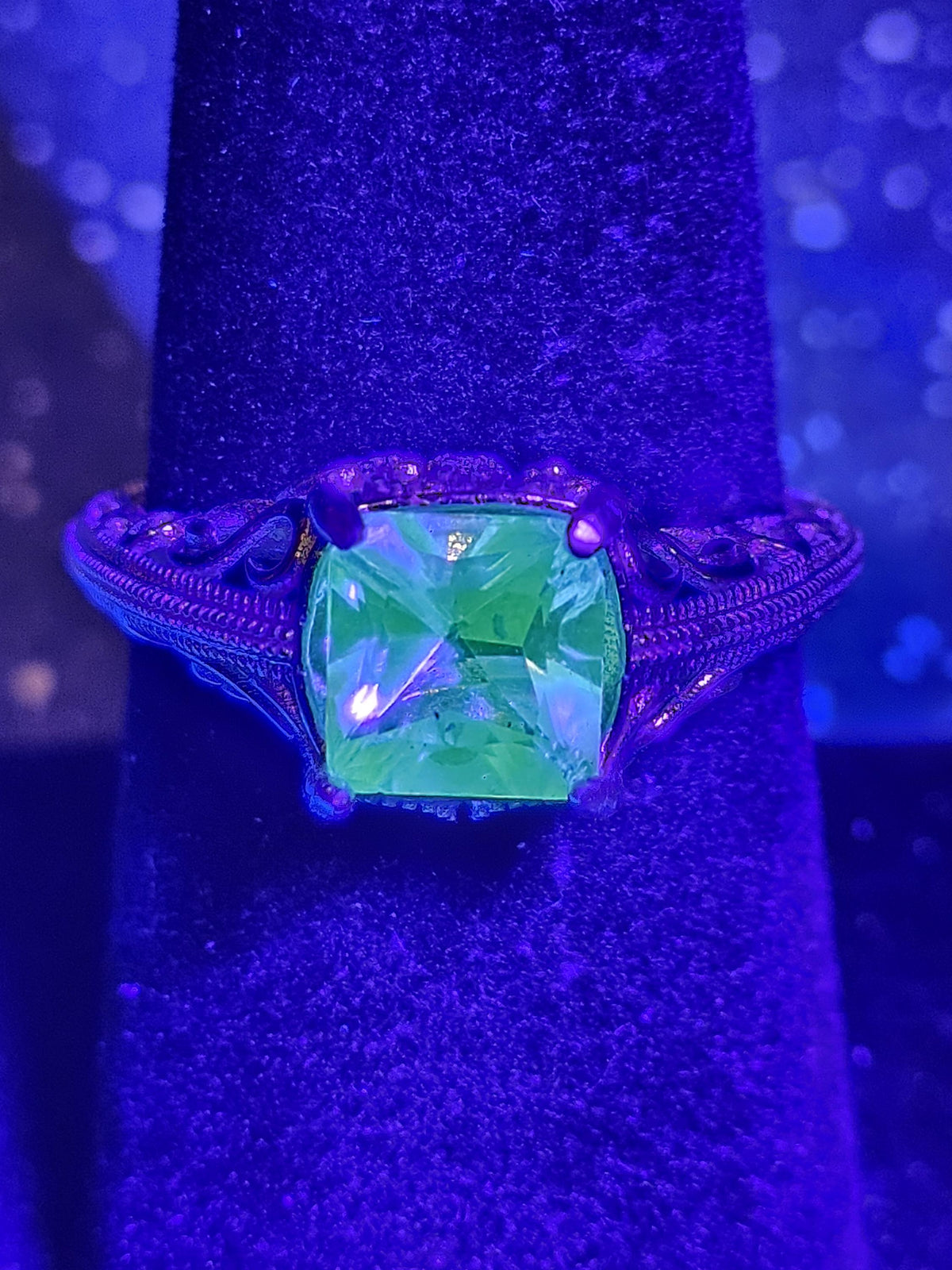 Uranium Glass Princess cut Ring size 7 in new Sterling Silver with clear refurbished Uranium glass stone that glows under black / UV light